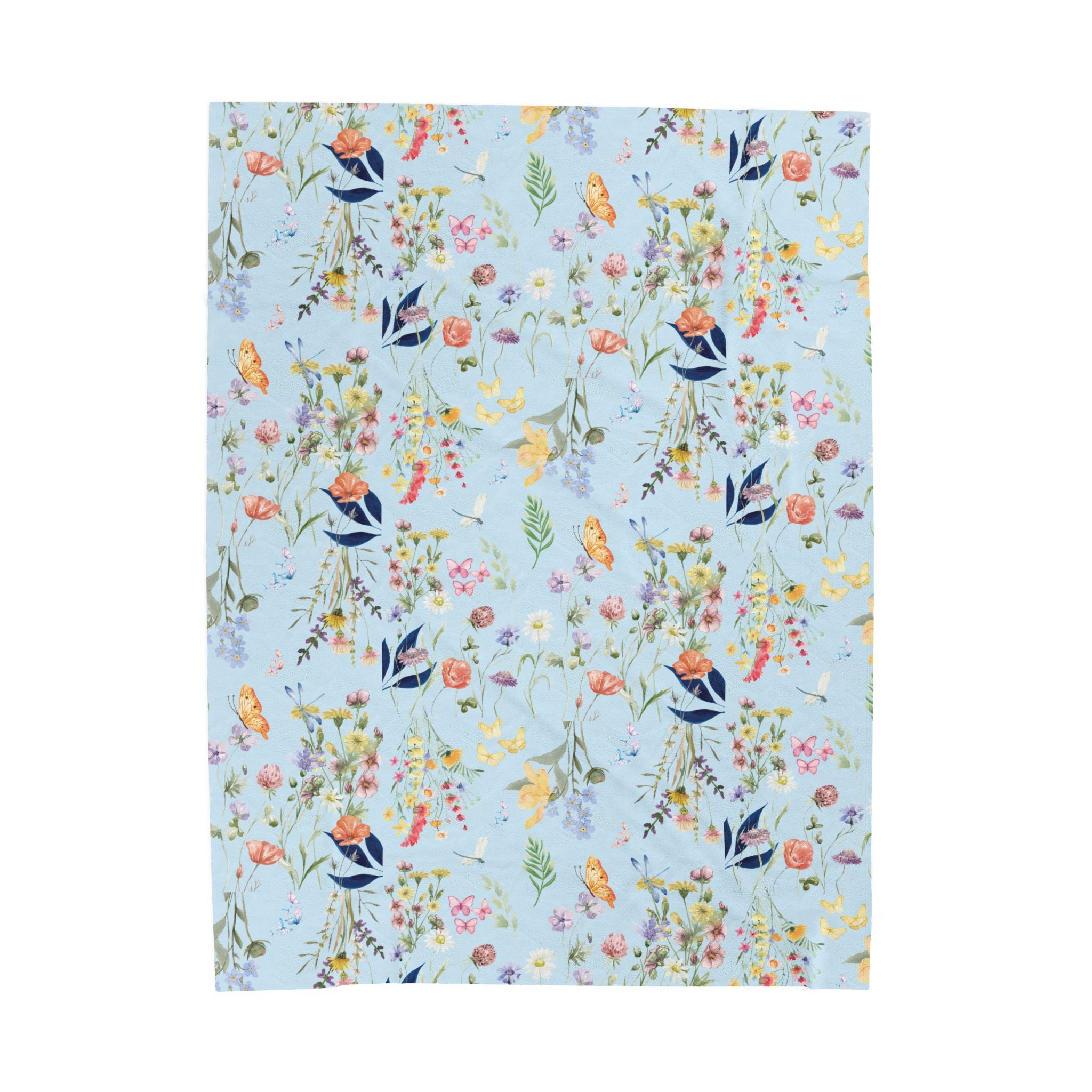 Icy Blue Watercolor Wildflowers Minky Velveteen Plush Blanket