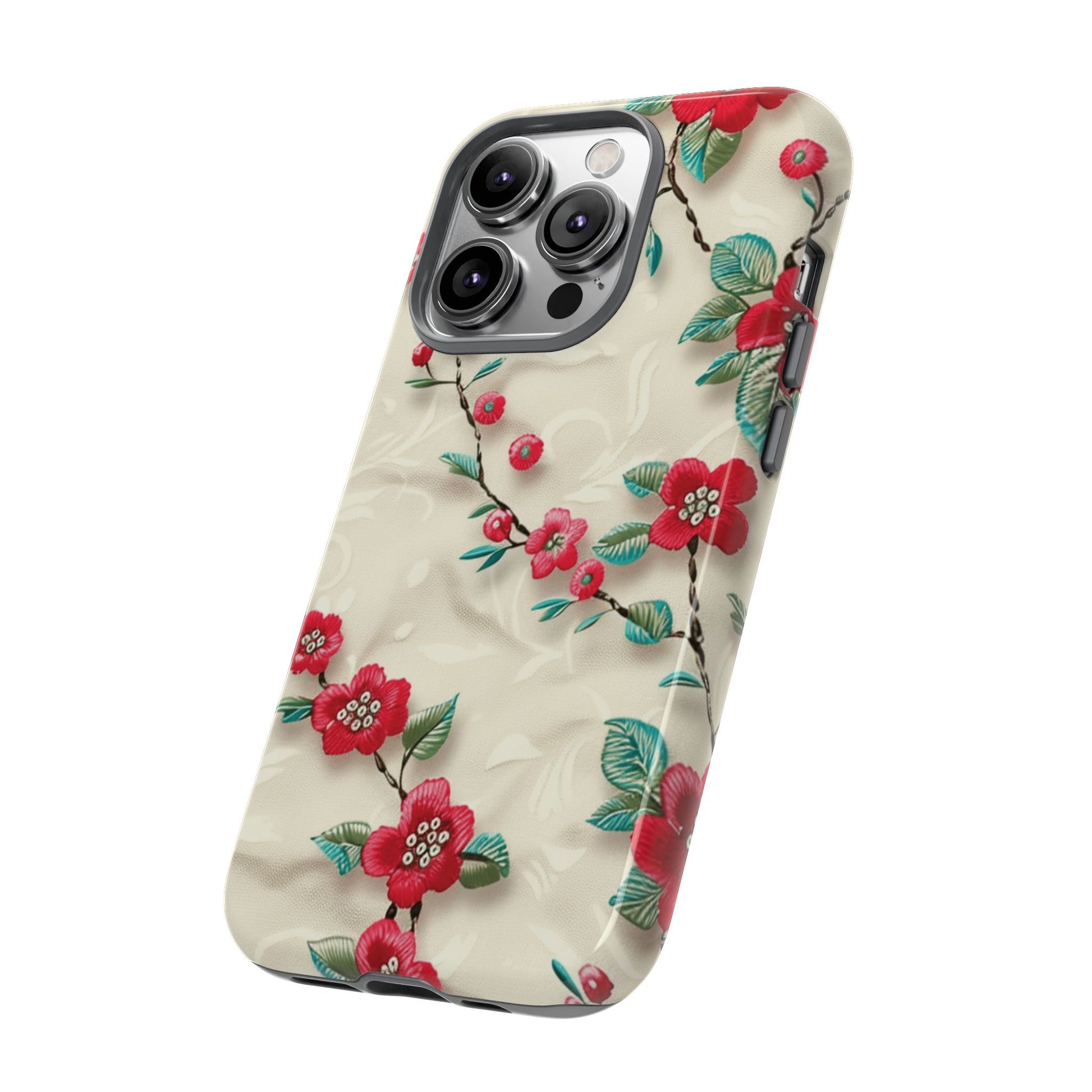 3D Embroidery Illusion Red Flowers Phone Case for iPhone, Samsung Pixel Artistic Floral Protection 15 14 13 12, 21 23 Gift for Her Perfect for Floral Lover