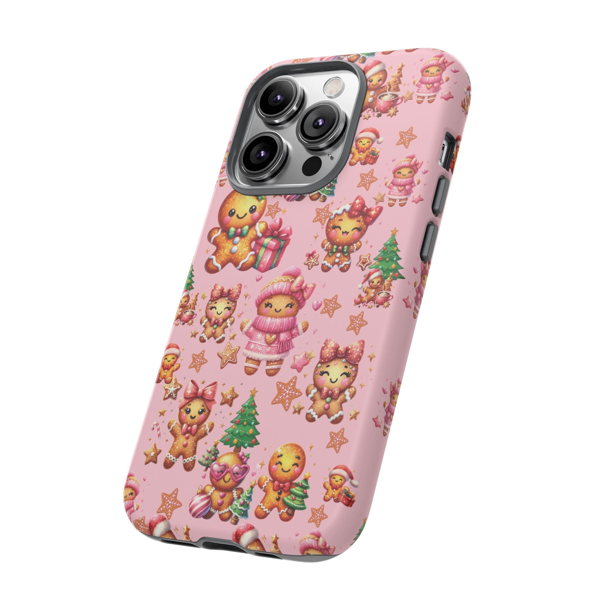 Coque de téléphone en forme de petite fille pain d'épices rose adorable, ambiance girly pour les fêtes, esthétique douce de Noël, idée cadeau mignonne et festive pour elle, housse de protection amusante