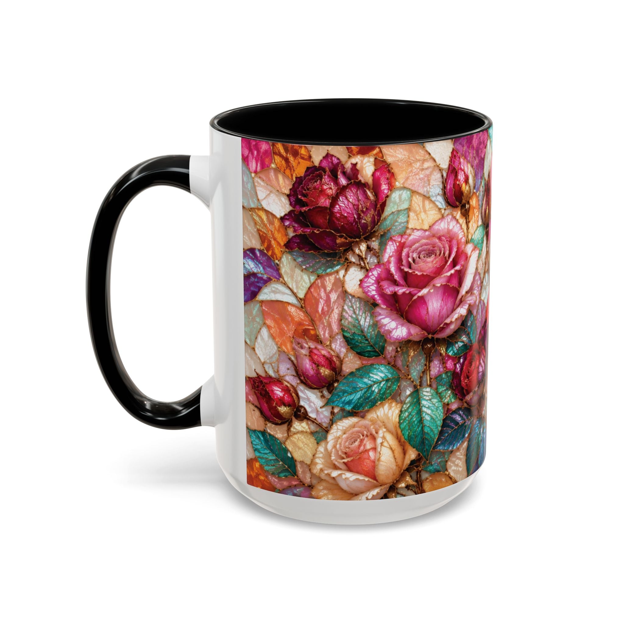 Floral Stained-Glass Accent Coffee Mug Colorful Rose Pattern (11/15 oz) Gift for Her