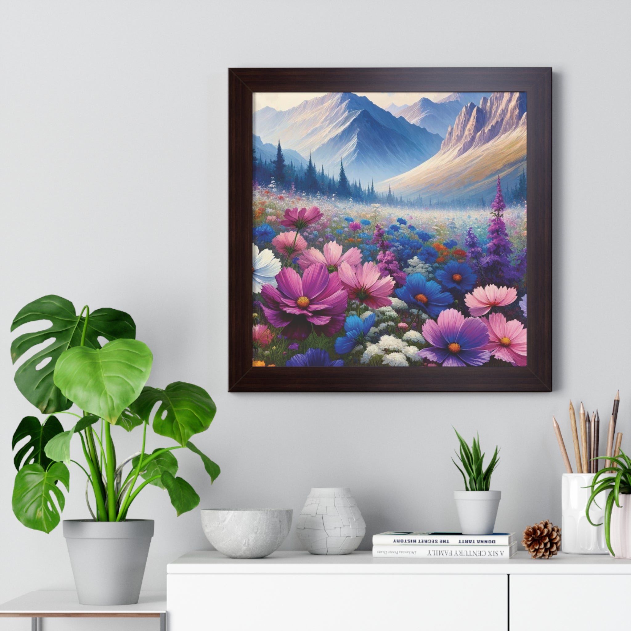 Wall Art Beautiful Wildflowers and Mountains Wildflower Art Watercolor Floral Framed Canvas Print Wall Art  Classic Encased in Black, White, or Walnut Frames with Durable Acrylic Protection Ready to Hang  Timelessly Crafted..