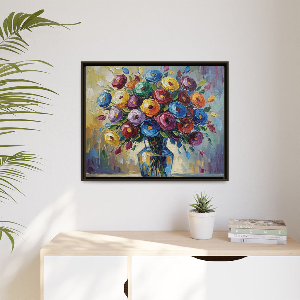 Impression sur toile bouquet floral aquarelle - Tableau mural encadré mat - Illusion de peinture à l'huile vibrante