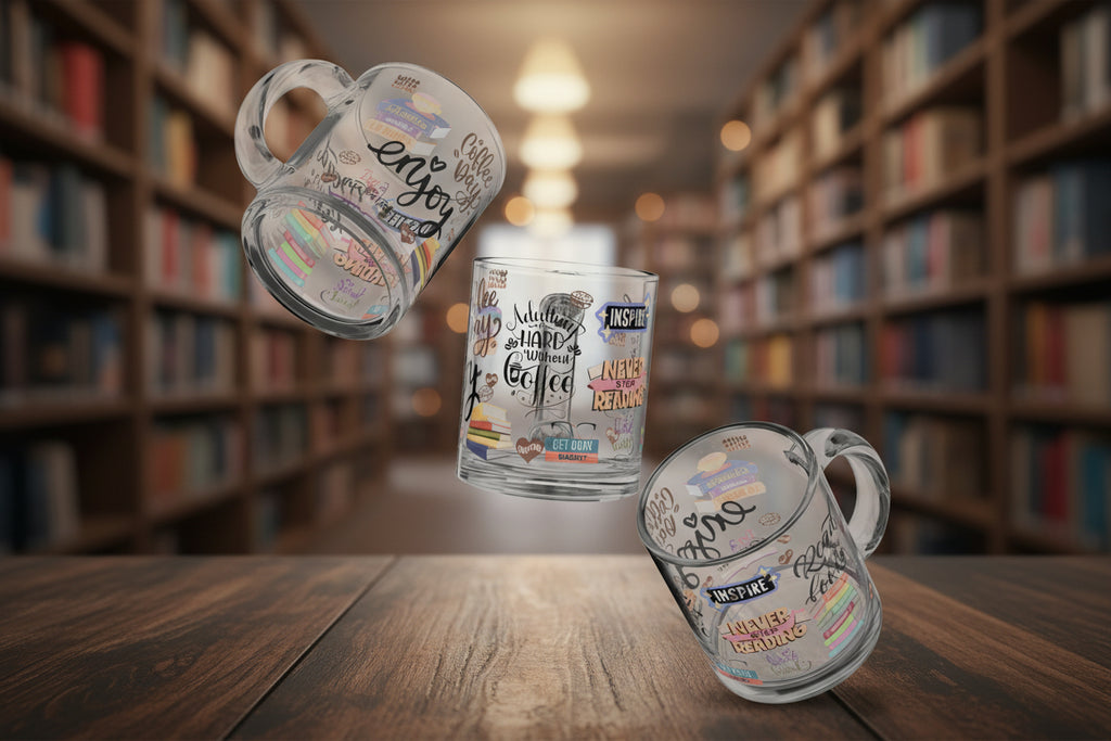 Three glass mugs with various designs and text on a white background