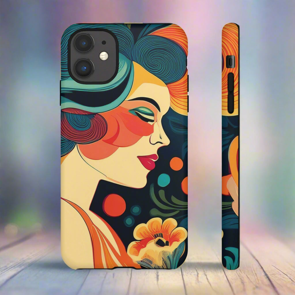 Phone case with colorful design of a woman's face and floral elements on a white background