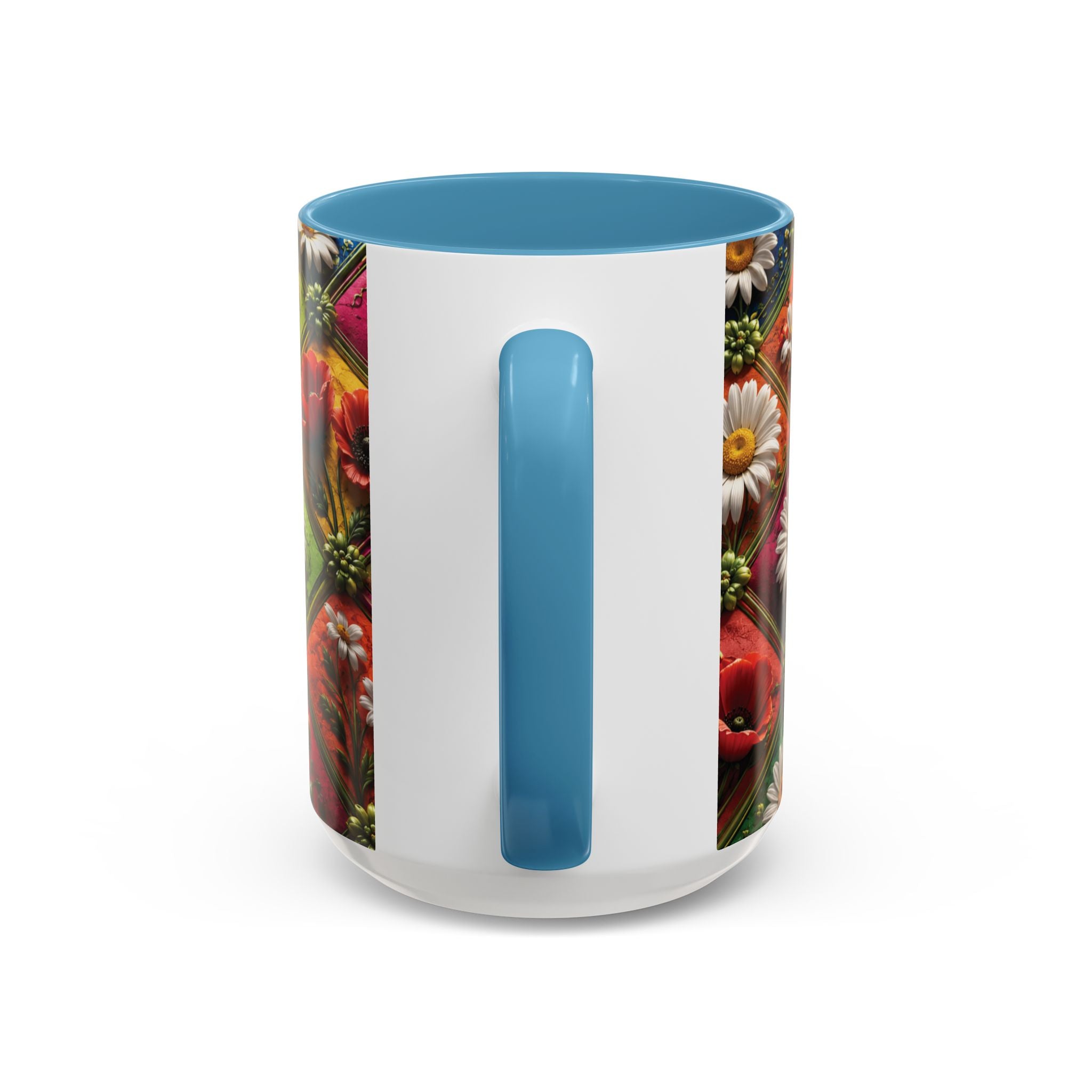 Floral Patchwork Accent Coffee Mug — Colorful Poppies & Daisies (11/15oz) 3D Illusion