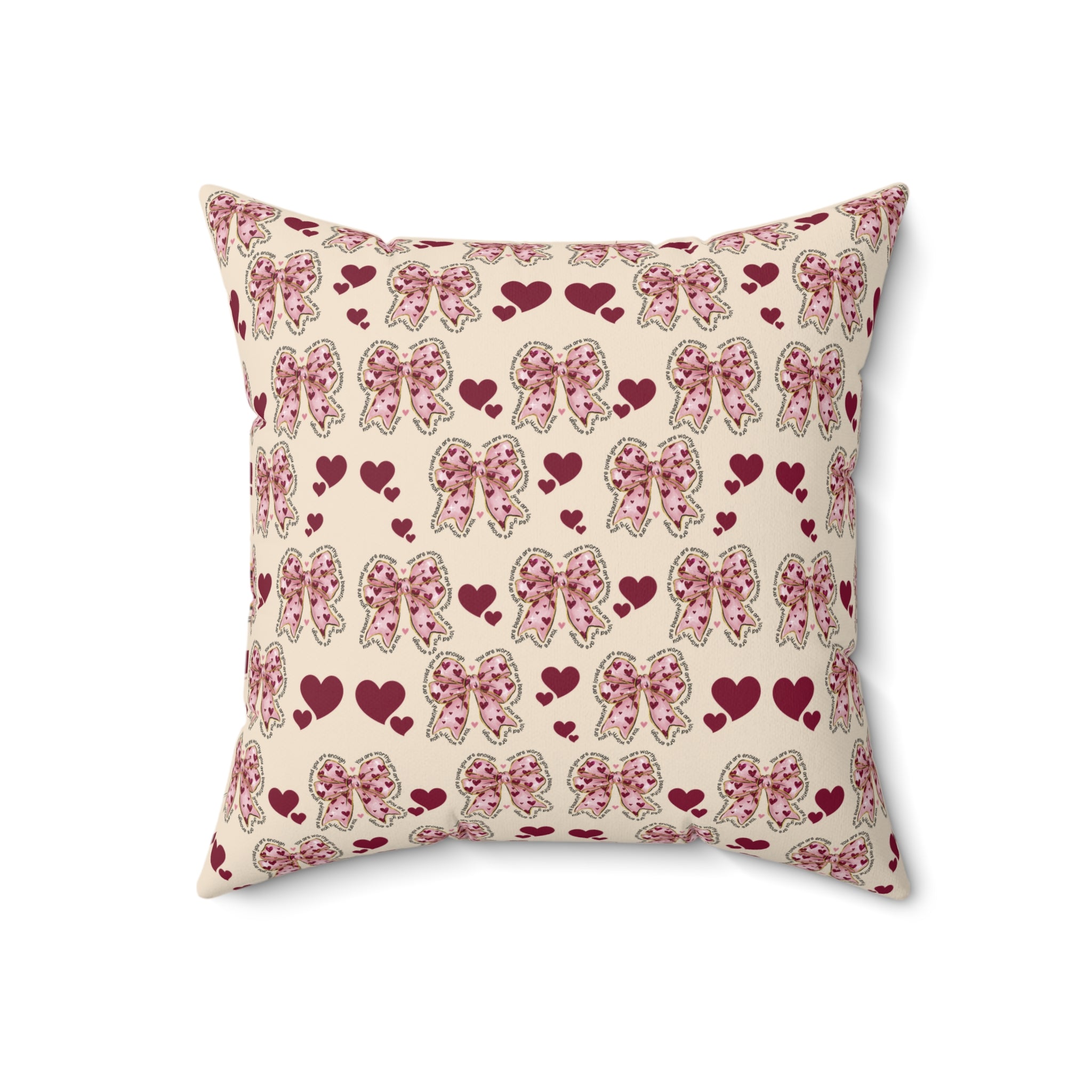Charming Hearts & Pink Bows Square Pillow  Stylish Home Decor Accent for Living Room, Bedroom, or Gifts | Soft & Durable 100% Polyester with Double-Sided Print - MRSBYVALLE