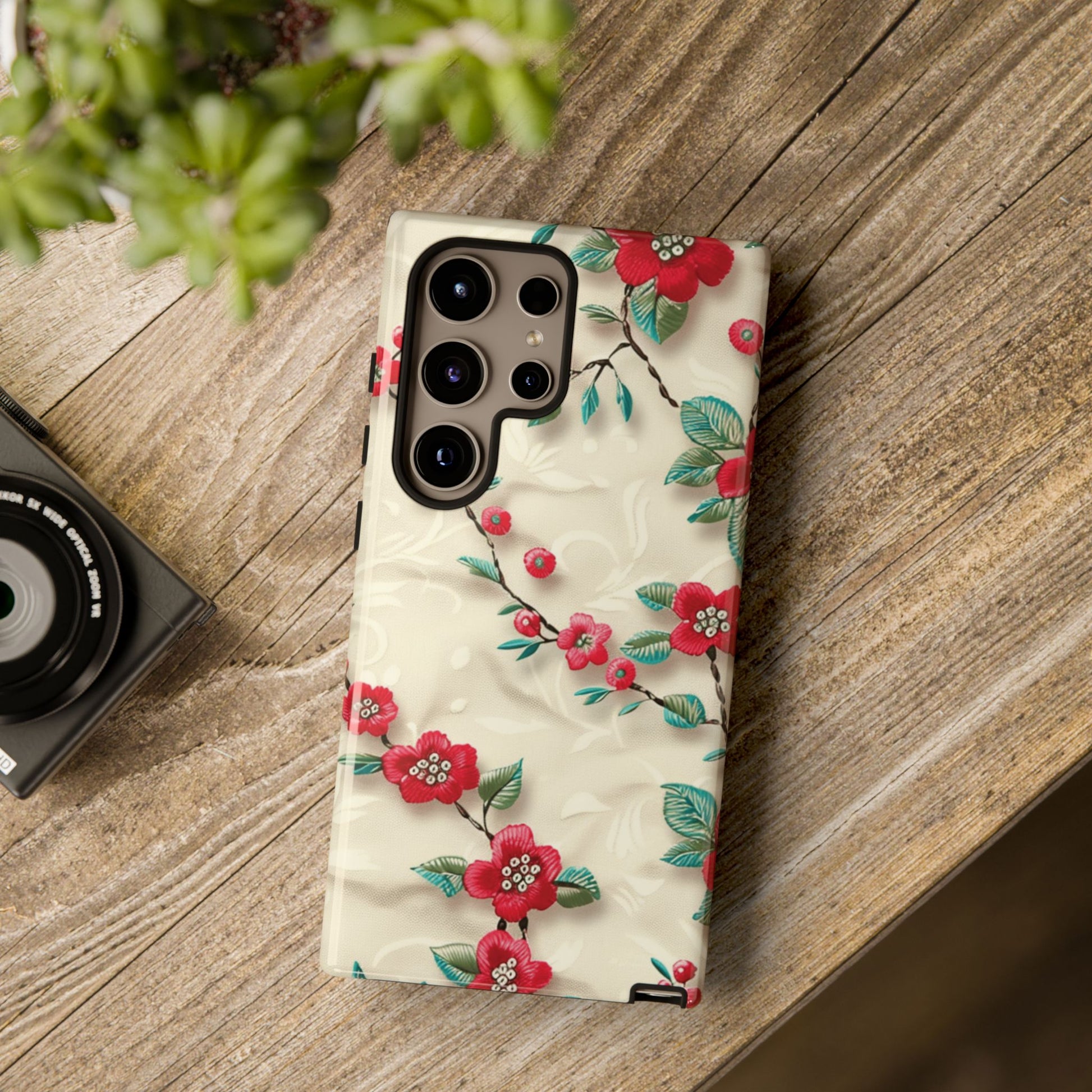 3D Embroidery Illusion Red Flowers Phone Case for iPhone, Samsung Pixel Artistic Floral Protection 15 14 13 12, 21 23 Gift for Her Perfect for Floral Lover