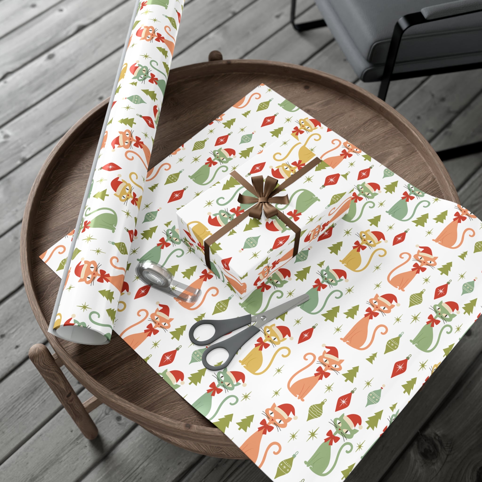 Christmas Atomic Cat Wrapping Paper, Retro Gift Wrap, Pastel Mid-Century Kitty Design, Vintage Holiday 30x20, 30x72, 30x144 Perfect for all Occasion