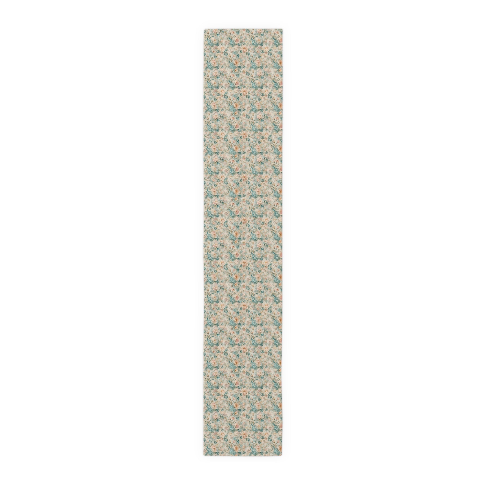 Floral Vintage Table Runner — Soft Blue Cream Cotton-Poly Dining Decor