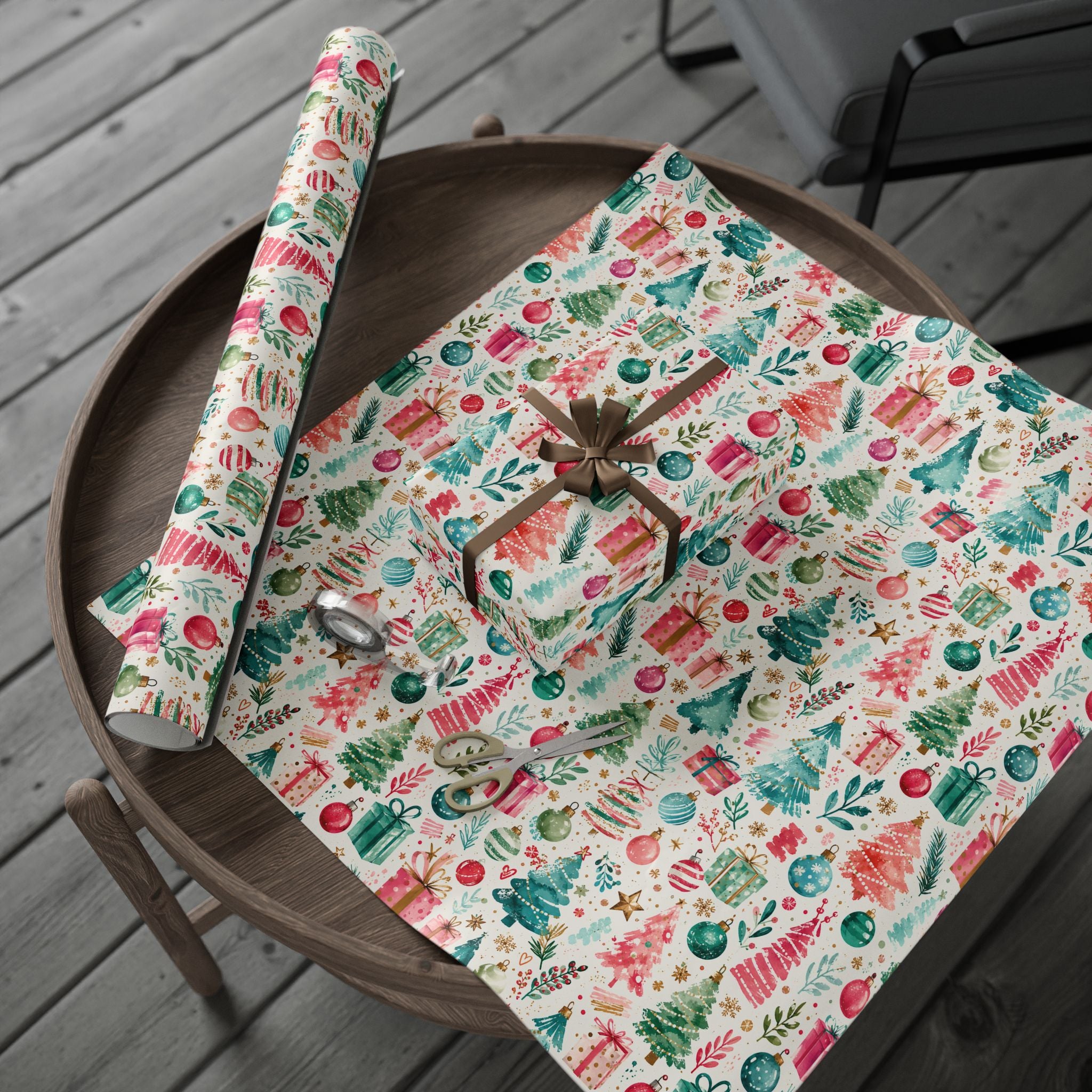 Festive Watercolor Christmas Wrapping Paper — Trees, Ornaments & Gifts Pattern