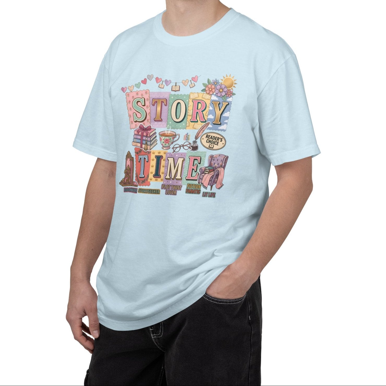 Man wearing a light blue t-shirt with a world map and Native American design on a white background