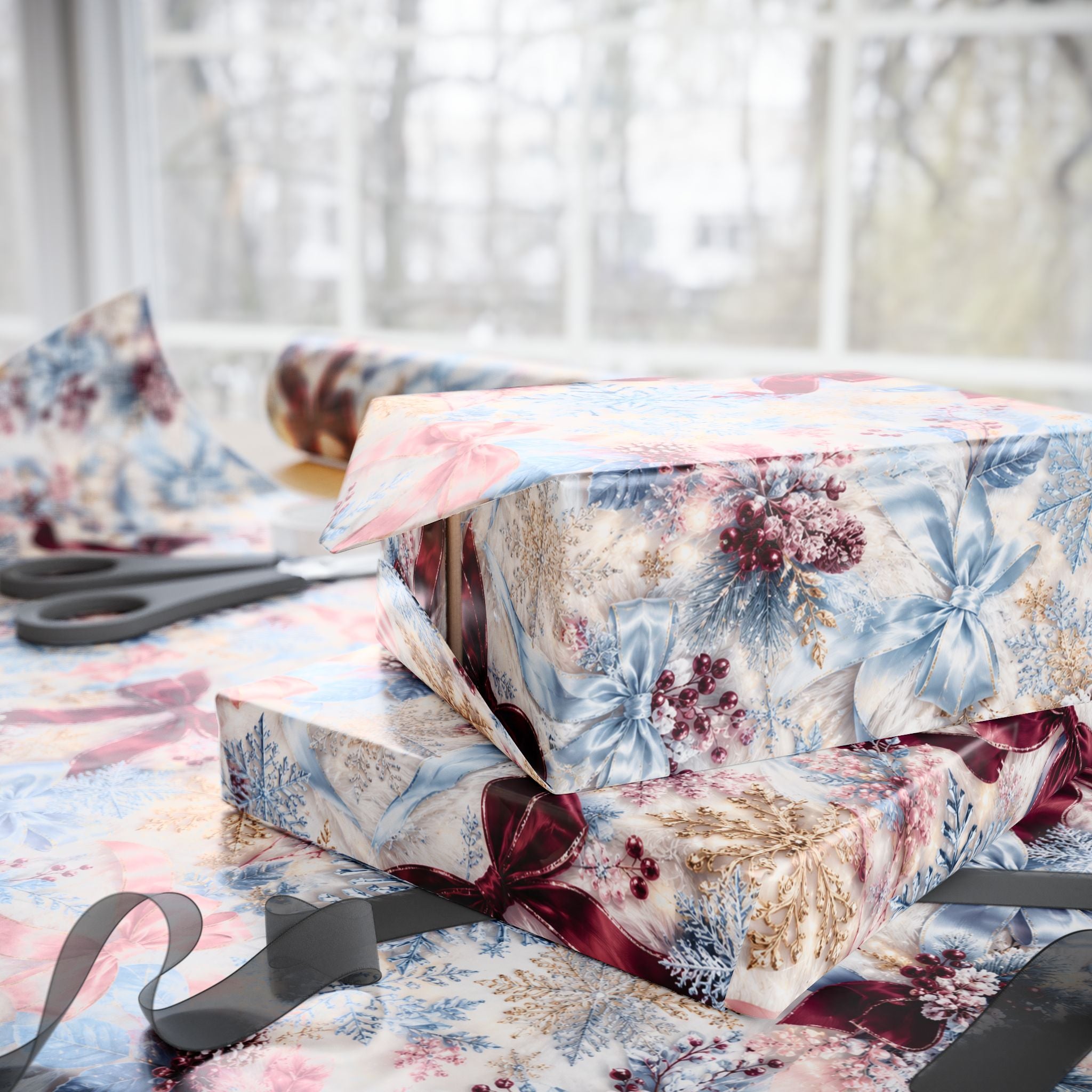 Burgundy Bow Floral Pattern Wrapping Paper | Holiday Gift Wrap, Winter Botanicals