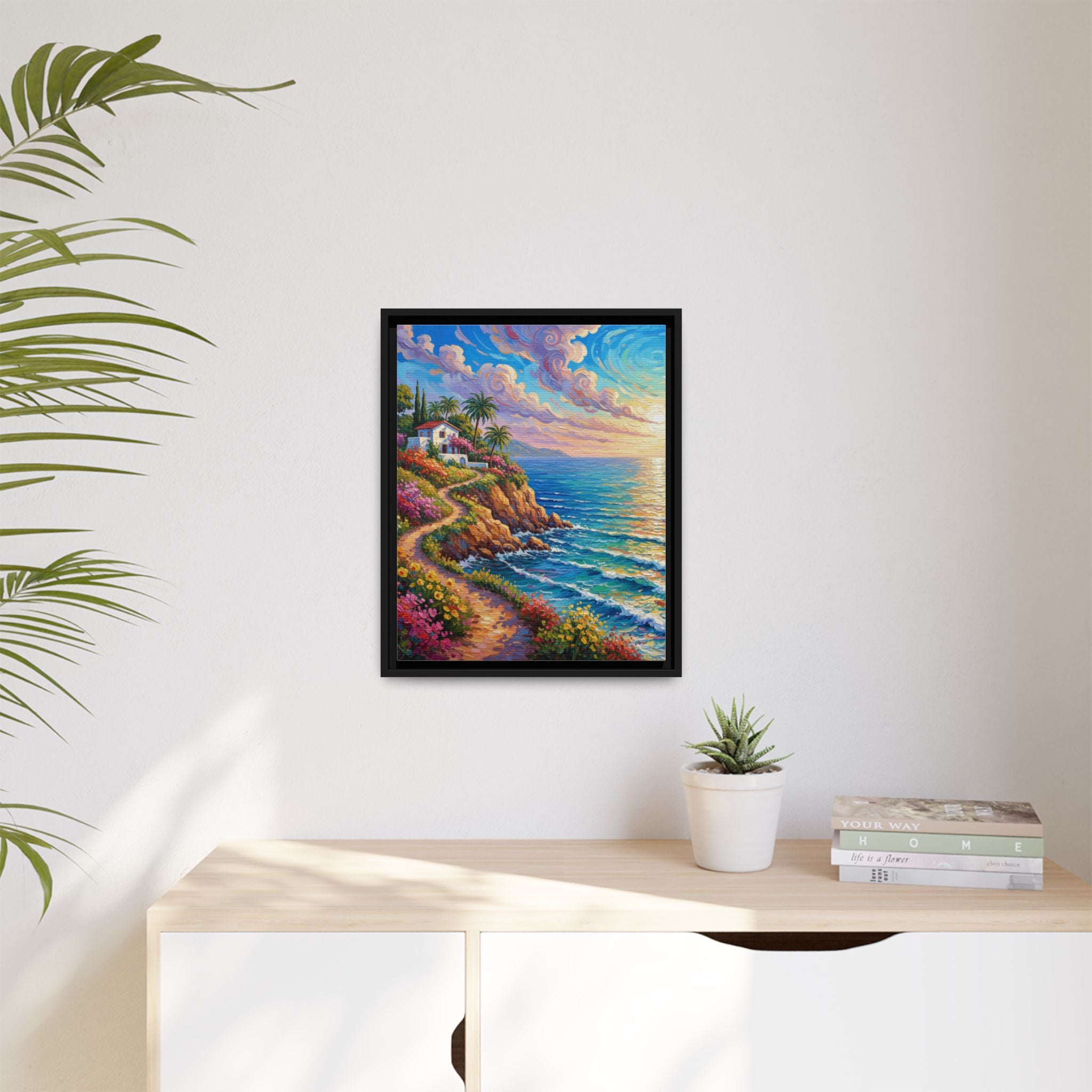 Toile imprimée florale océanique | Décoration murale colorée et lumineuse de paysage marin, œuvre d'art de bureau encadrée et mate