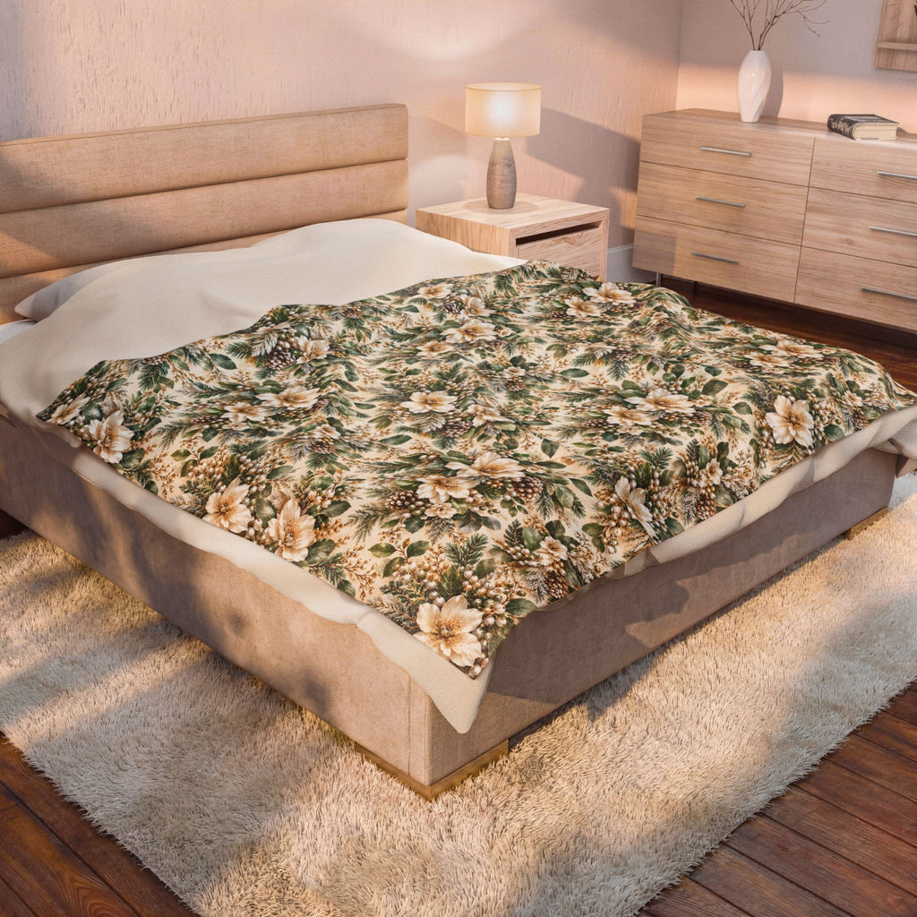 Sage Green & Champagne Floral Velveteen Plush Throw Blanket