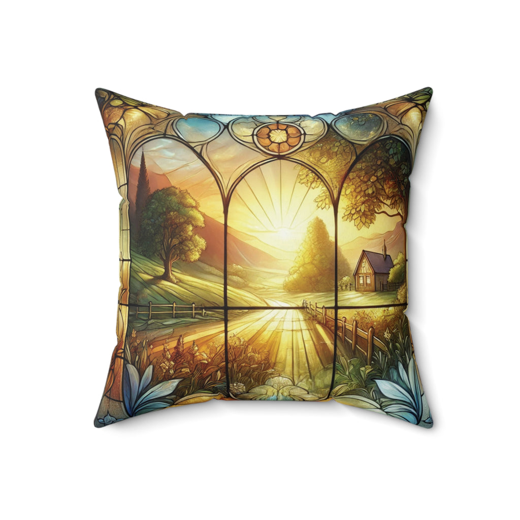 Farmhouse Sunset Stained Glass Illusion Pillow Rustic Country Scene Square Throw Pillow | Unique Home Decor for Living Room, Bedroom, or Gifting100% Polyester Cover with Double-Sided Print, Concealed Zipper, Bridal Shower Gift - MRSBYVALLE