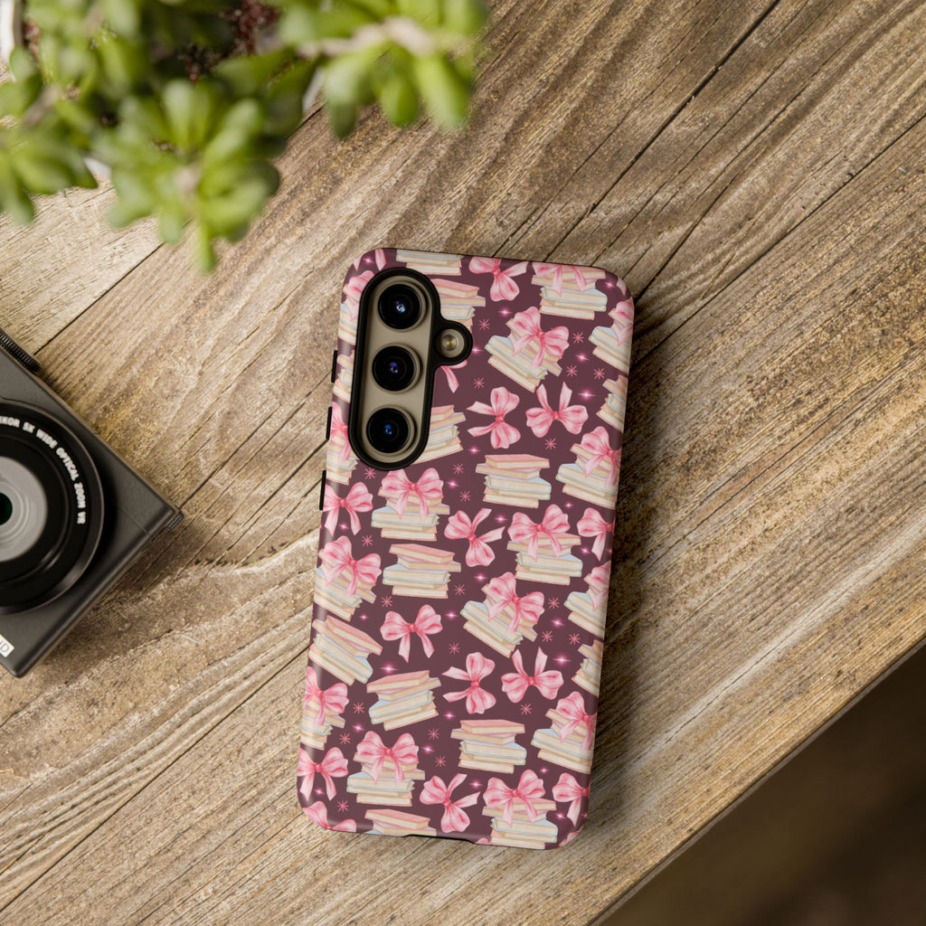 Coquette Pink Bows & Books Phone Case for iPhone 16 15 14 13 12  21 23 Samsung, and Pixel | Stylish Protective Cover Gift for Her Perfect for Floral Lover