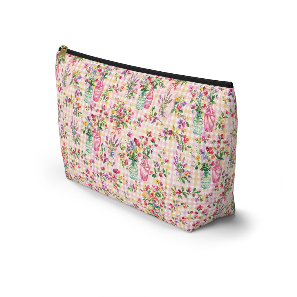 Trousse à accessoires à carreaux floraux turquoise et rose (fond en T) Maquillage, Sac cadeau pour elle