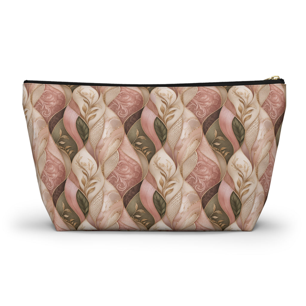 Braided Floral Accessory Pouch — Pink & Olive T‑Bottom Cosmetic Bag