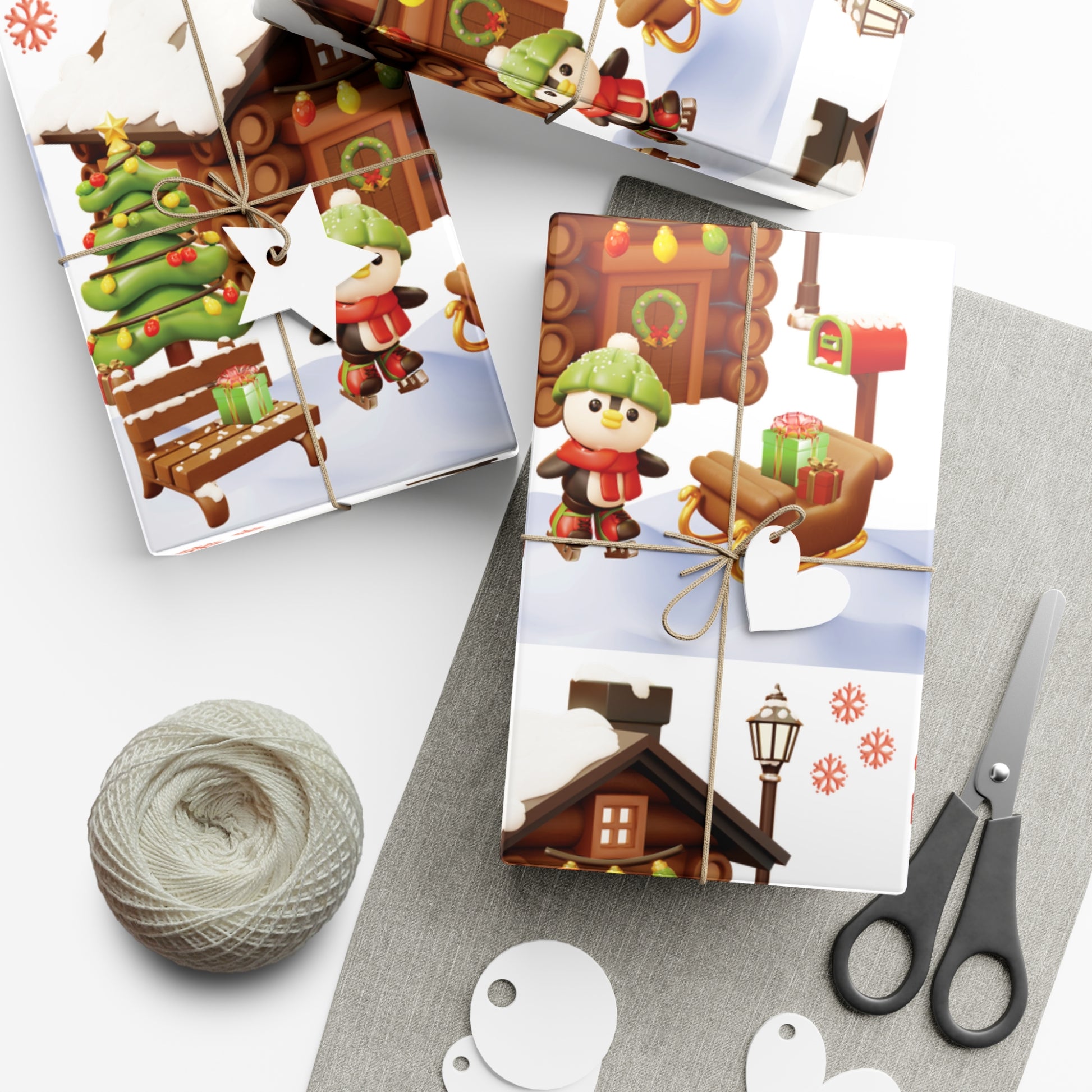 3D Illusion Penguin Wrapping Paper Cute Winter Penguin & Snow Cabin Scene, Festive Christmas Gift Wrap, Holiday Present Paper in 3 SizesPerfect for Seasonal Gifting