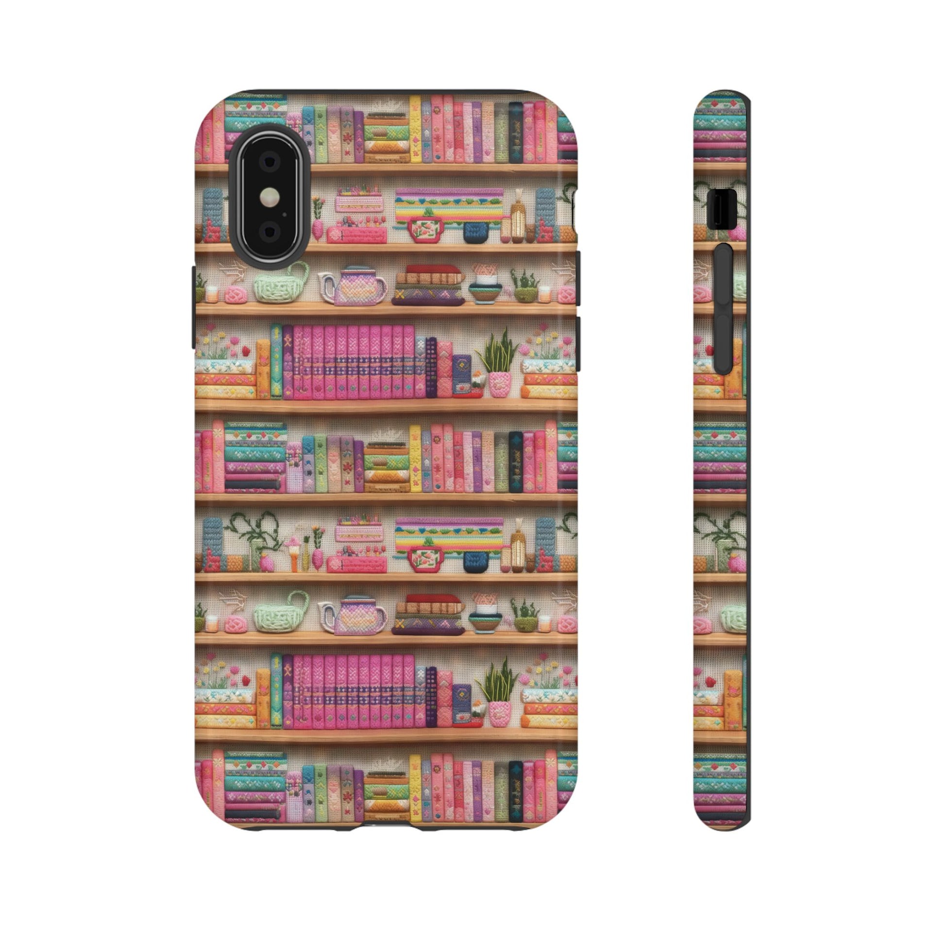 Whimsical 3D Embroidery Illusion Books on Pastel Shelves Phone Case for iPhone, Samsung & Pixel: Unique Accessory for Literary Enthusiasts Gift for Her Perfect for Floral Lover