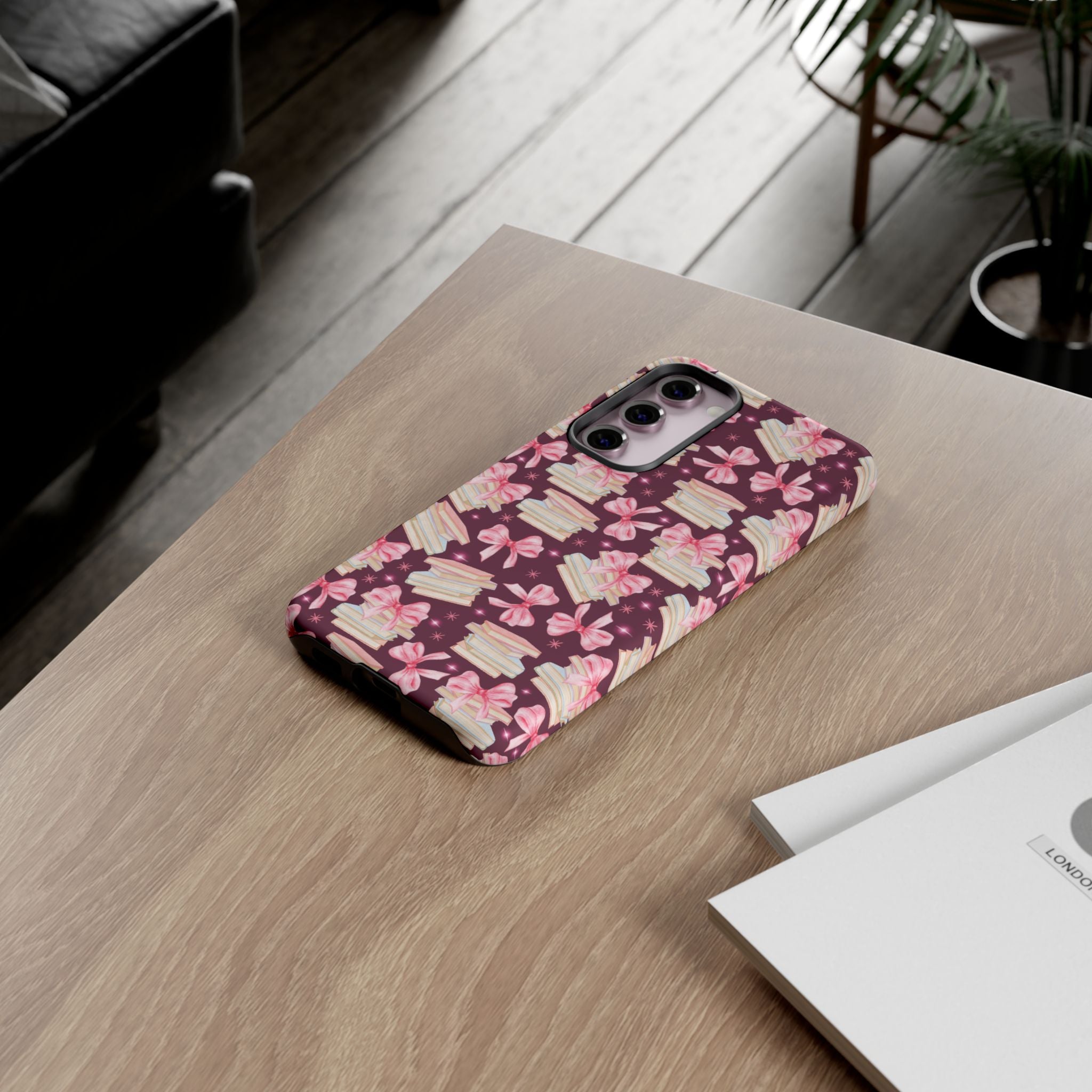 Coquette Pink Bows & Books Phone Case for iPhone 17 and Samsung, Pixel | Stylish Protective Cover Gift for Her Perfect for Floral Lover