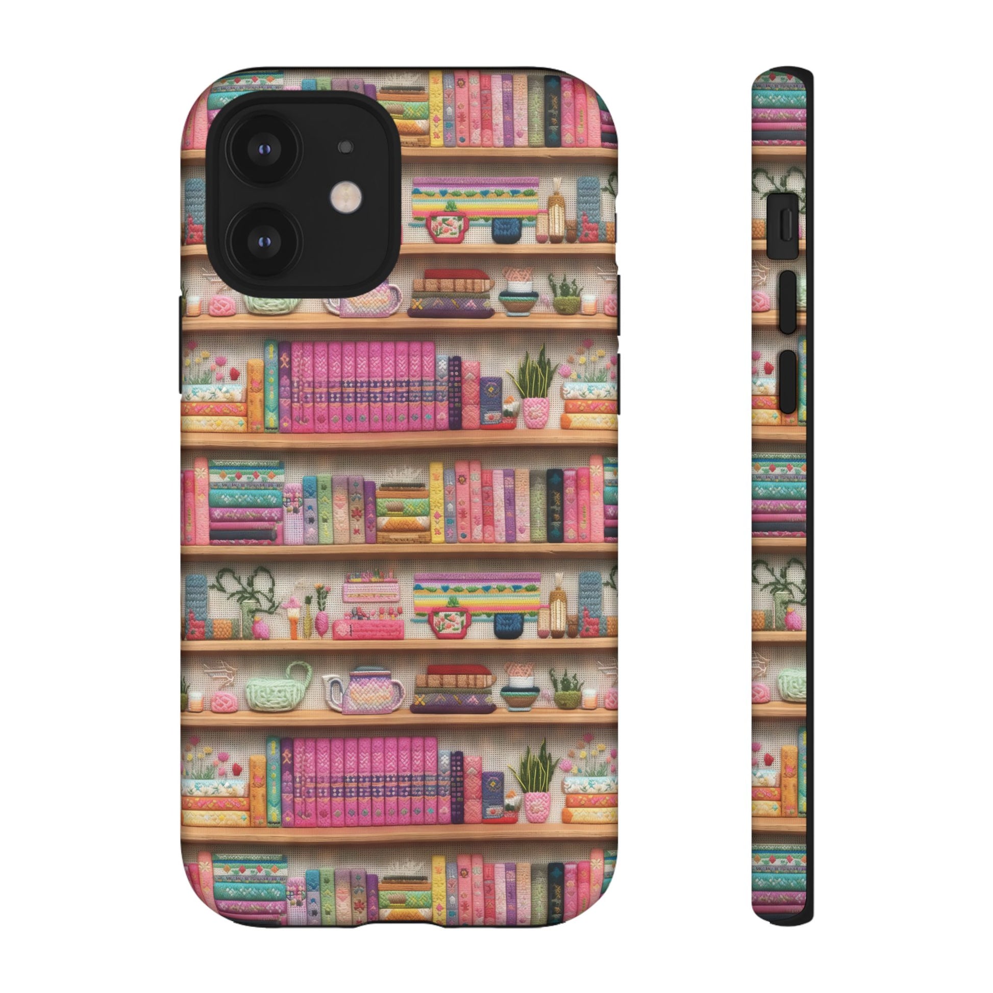 Whimsical 3D Embroidery Illusion Books on Pastel Shelves Phone Case for iPhone, Samsung & Pixel: Unique Accessory for Literary Enthusiasts Gift for Her Perfect for Floral Lover