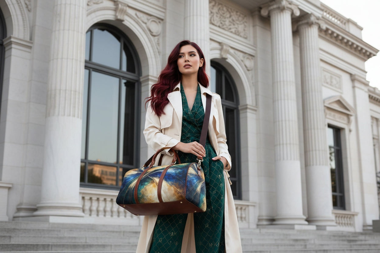 Woman holding a large handbag with a colorful design on a white background
