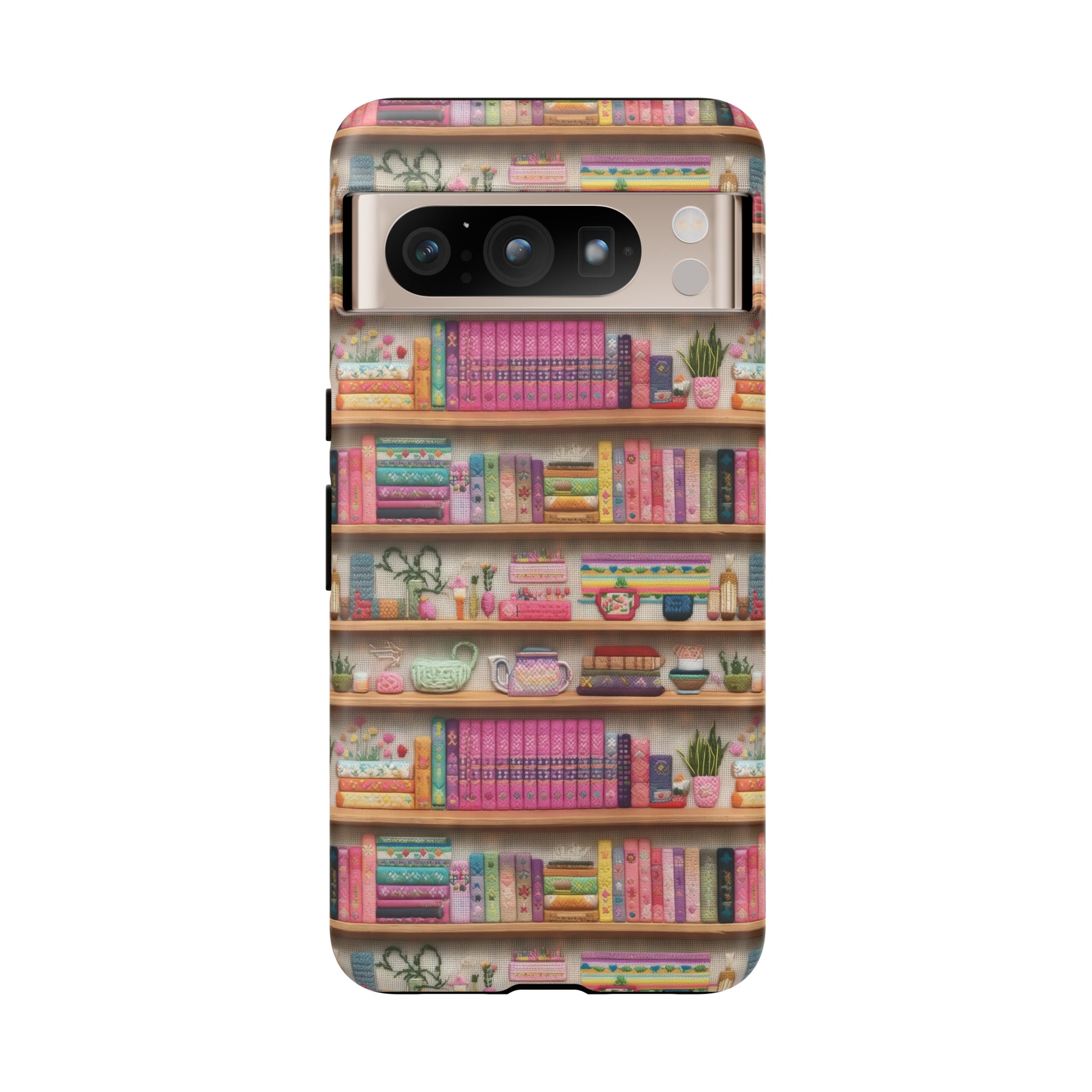 Phone Case 3D Illusion Books & Shelf Embroidery Design with Vibrant Colors Gift for Her Phone 15, Samsung iPhone Samsung Gift for Her Case iPhone 15, Samsung iPhone Samsung Accessory Gift for Her.