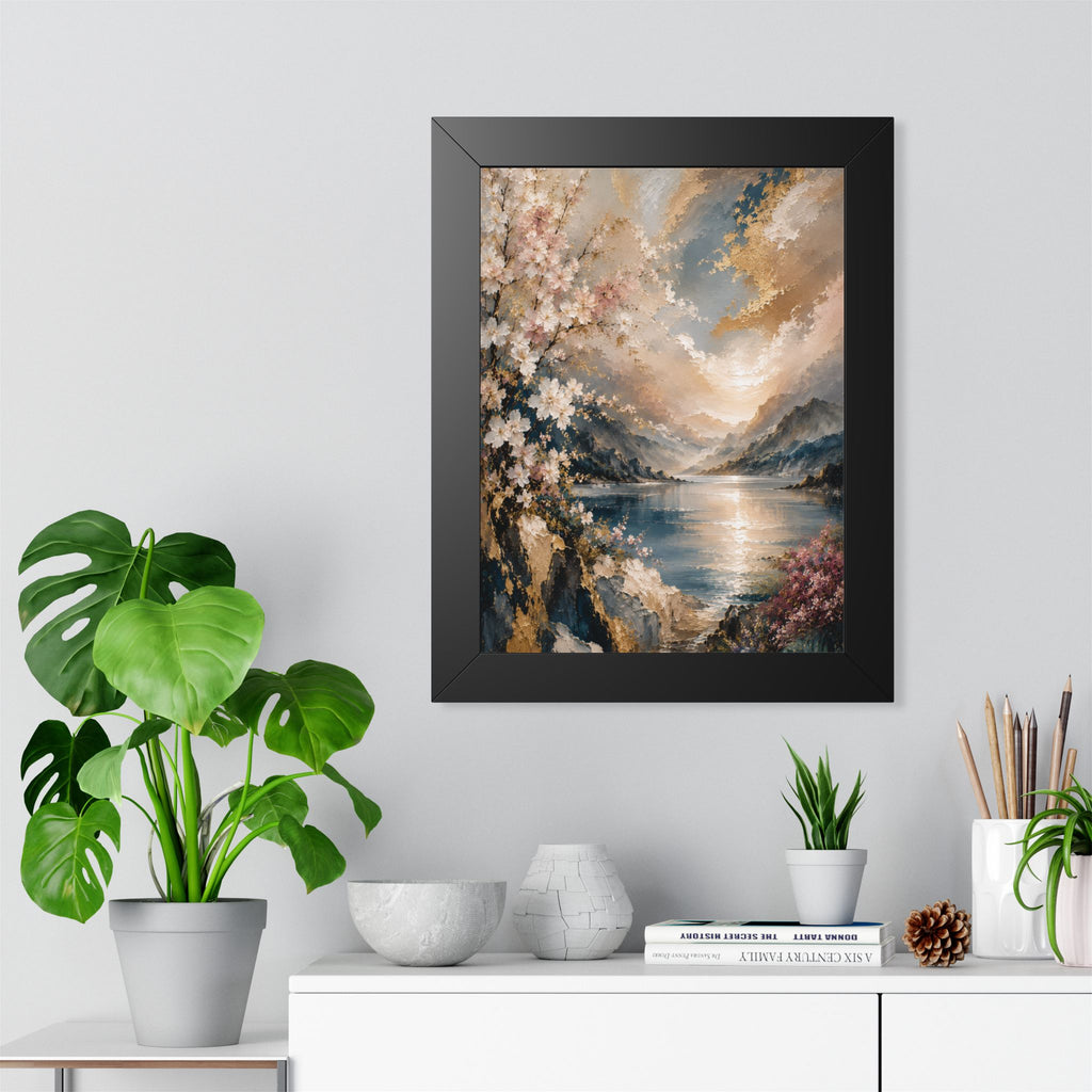 Sunlit Mountain Lake framed vertical poster | floral shoreline landscape