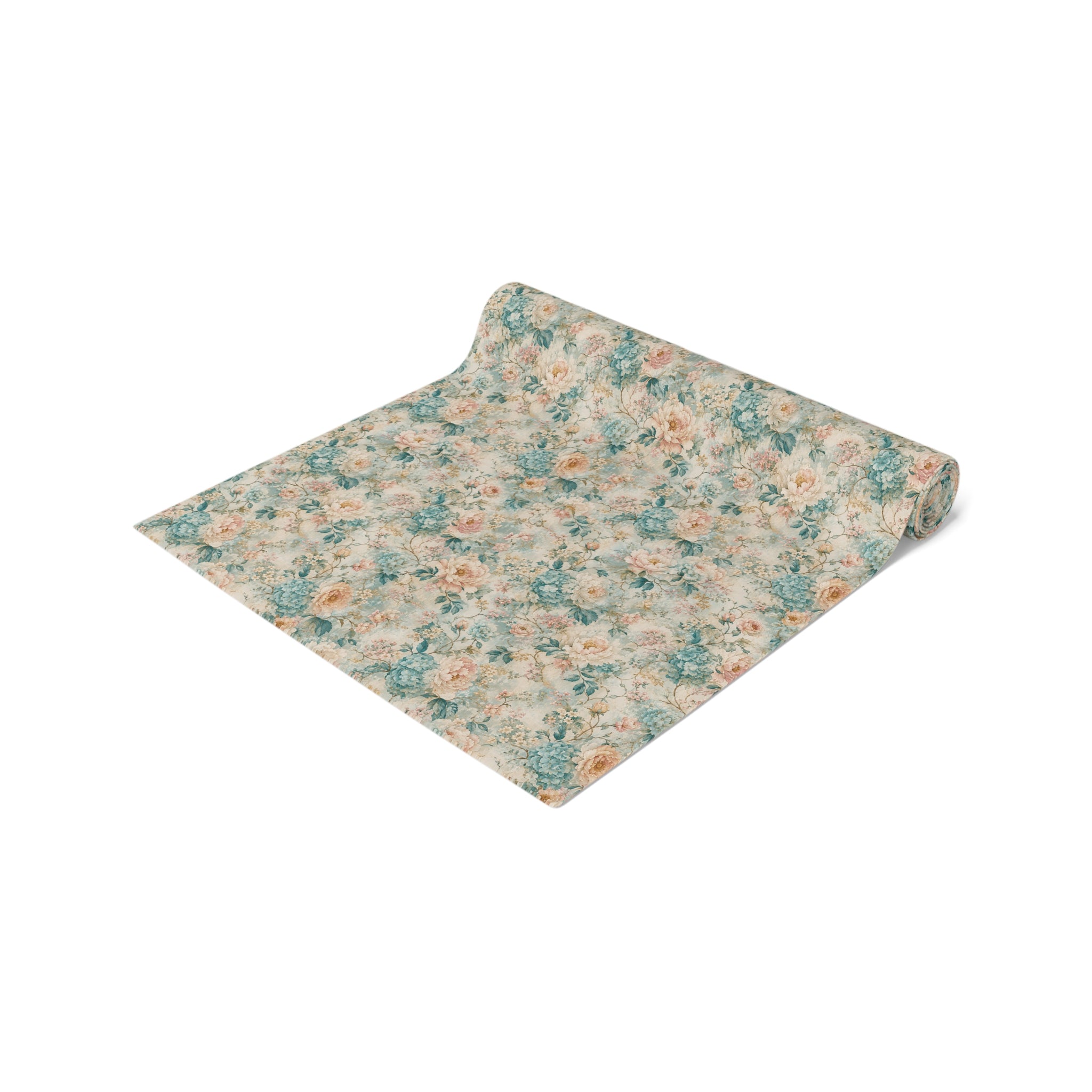 Floral Vintage Table Runner — Soft Blue Cream Cotton-Poly Dining Decor