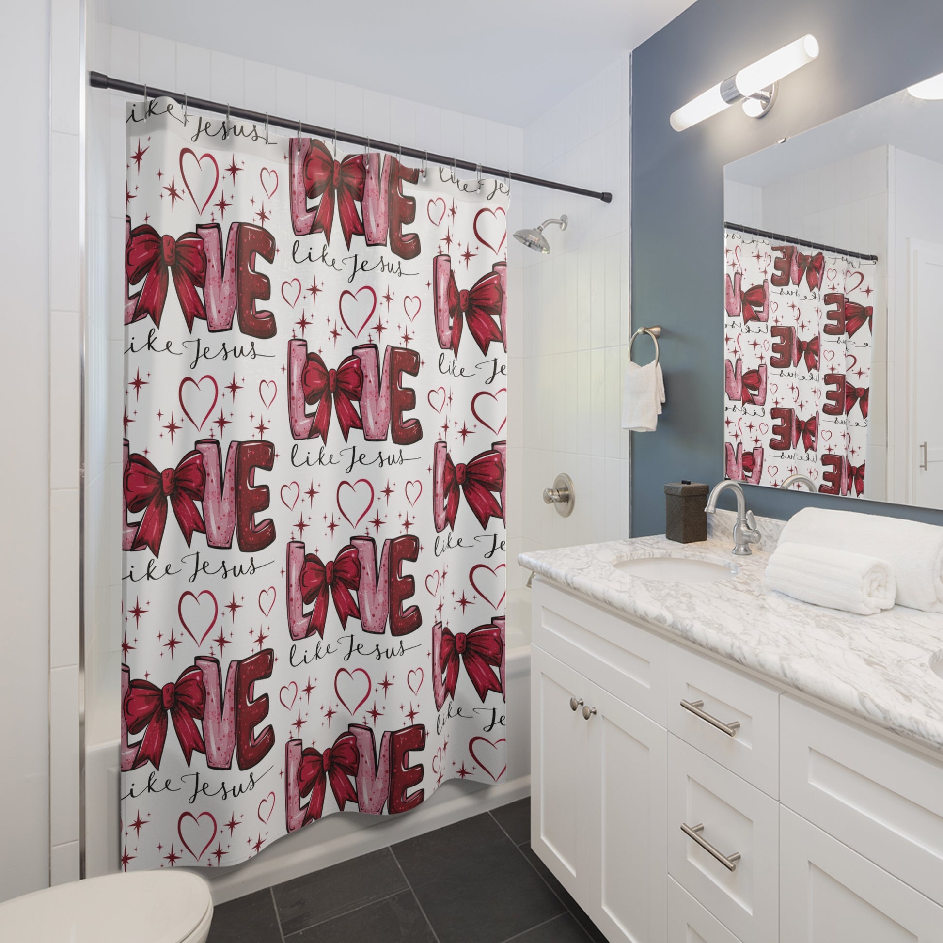 Shower Curtains, Love like Jesus Red Bows and Hearts, Christian Bathroom Decor, Religious Home Accessories, Inspirational Shower Curtain Charm