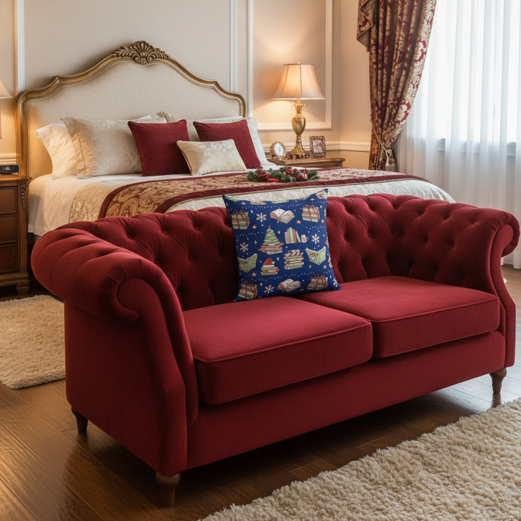 Decorative pillow with Christmas-themed pattern on a blue background