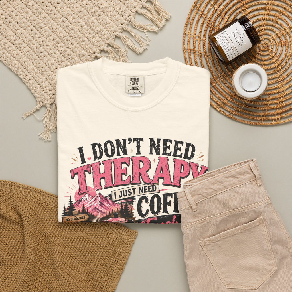 T-Shirt — “I Don’t Need Therapy, I Just Need Coffee, Fresh Air & A Weekend Escape” Vintage Coffee & Outdoors Tee