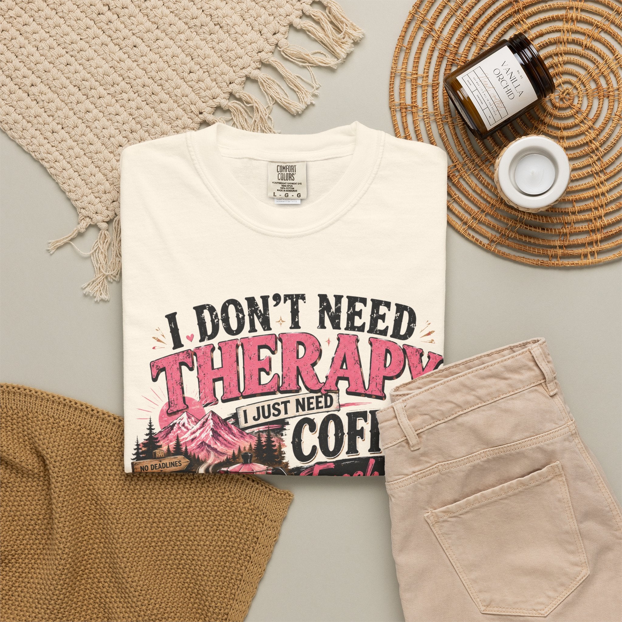 T-Shirt — “I Don’t Need Therapy, I Just Need Coffee, Fresh Air & A Weekend Escape” Vintage Coffee & Outdoors Tee