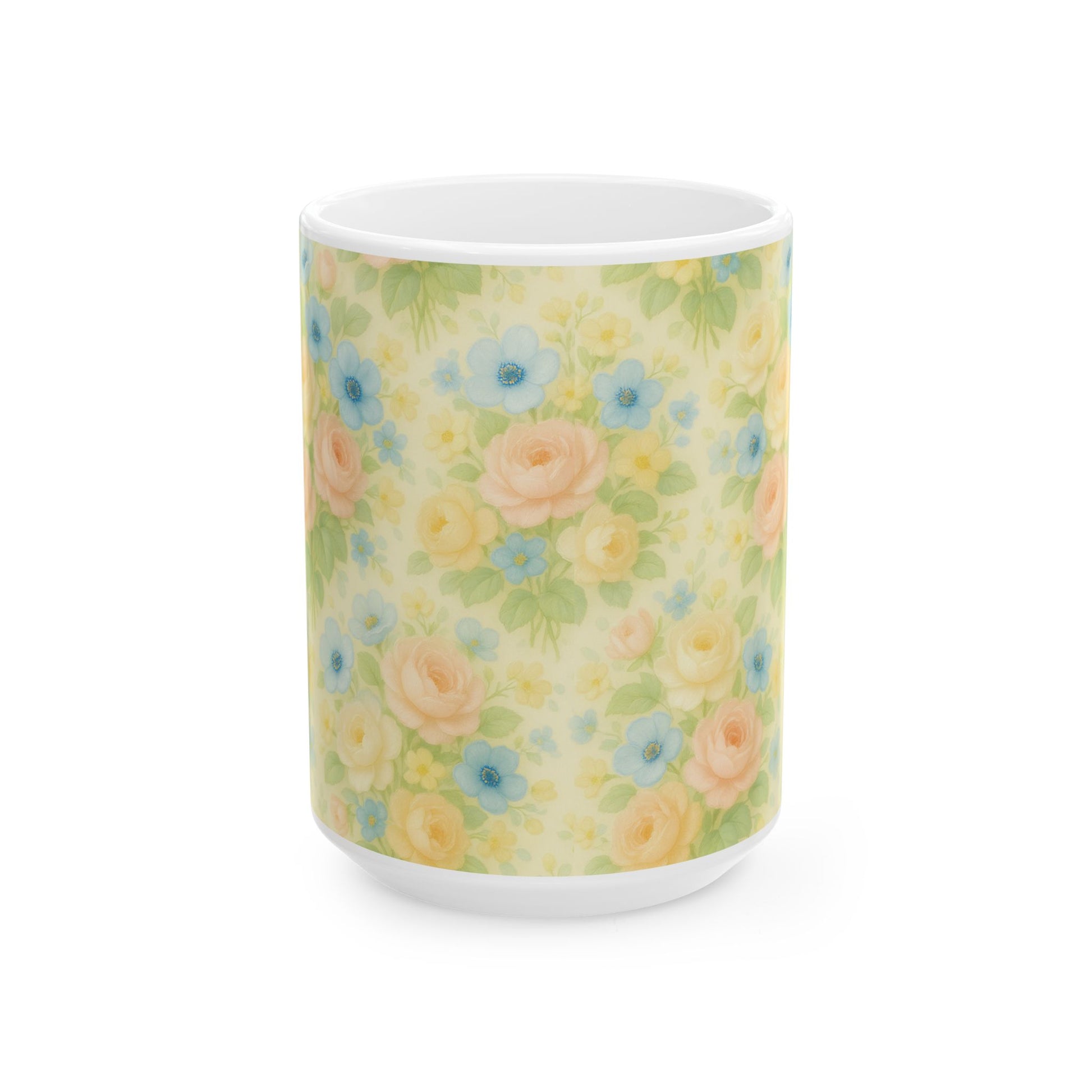 Vintage Pastel Yellow Floral Coffee Mug – 11 & 15oz Ceramic Mug, Romantic Gift for Her, Cottagecore Aesthetic, Cozy Hot Chocolate or Tea Mug for Home Decor