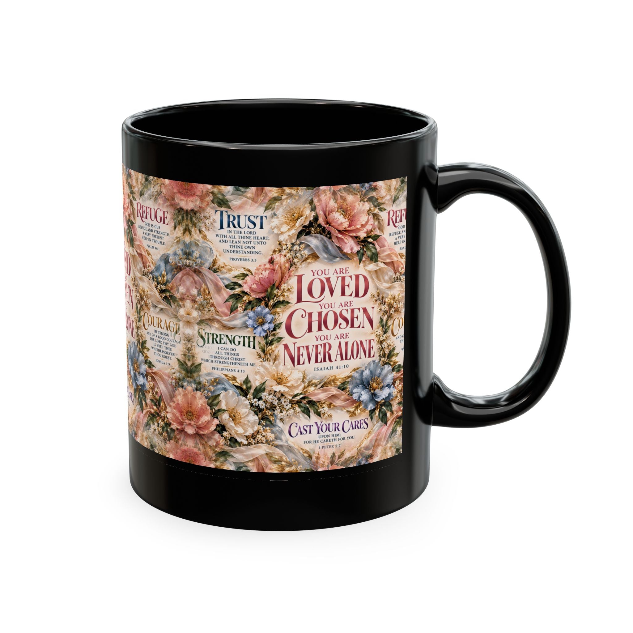 Loved Chosen Never Alone Coffee Mug | Christian Encouragement Gift for Her | Faith Floral Cup