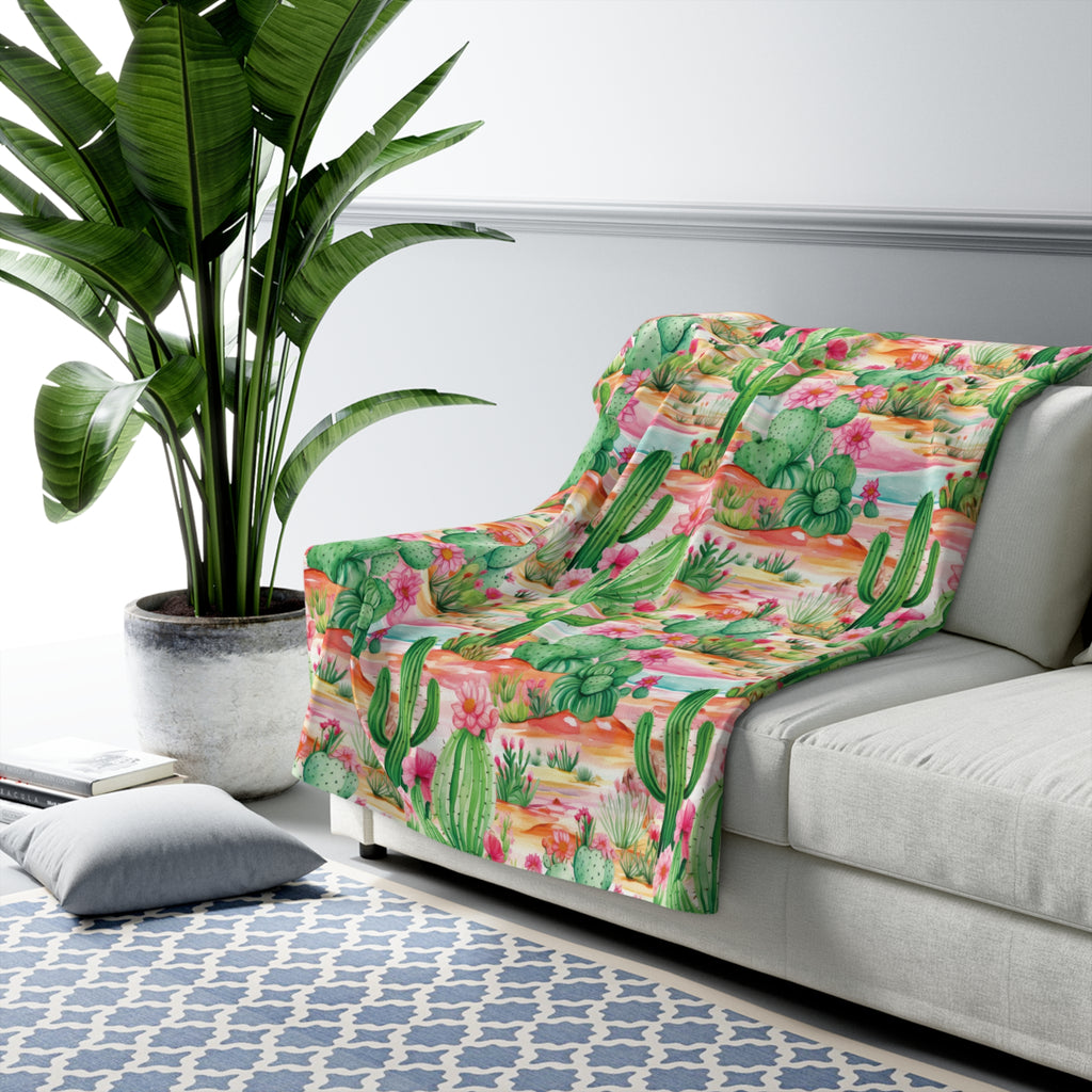 Pink and Mint Green Cactus Flowers Fleece Blanket - Soft, Cozy, Nature-Inspired Throw | Stylish Home Décor or Gift for Comfort and Warmth - MRSBYVALLE