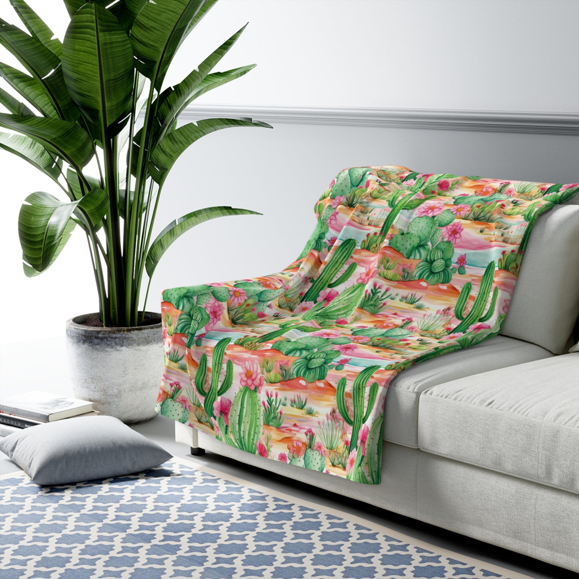 Pink and Mint Green Cactus Flowers Fleece Blanket - Soft, Cozy, Nature-Inspired Throw | Stylish Home Décor or Gift for Comfort and Warmth - MRSBYVALLE