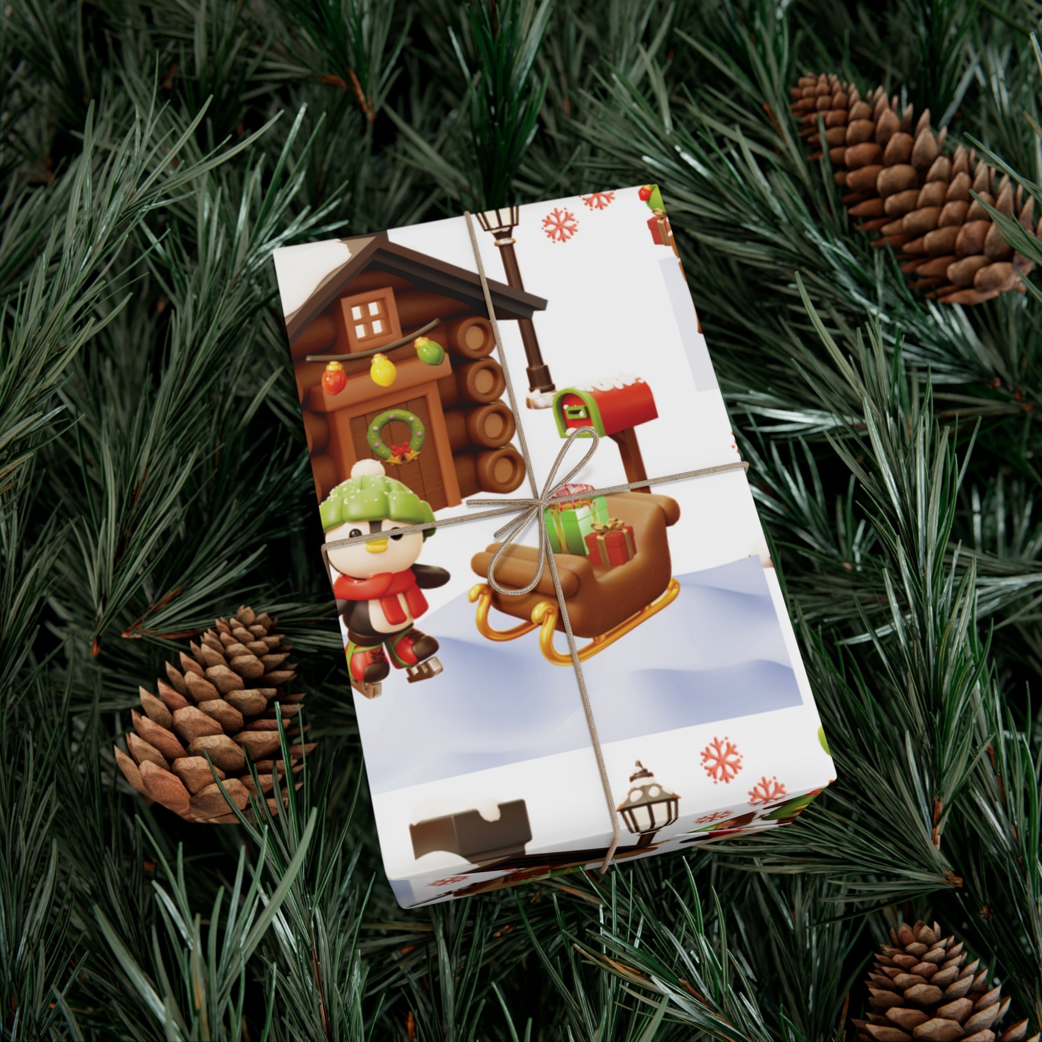 3D Illusion Penguin Wrapping Paper Cute Winter Penguin & Snow Cabin Scene, Festive Christmas Gift Wrap, Holiday Present Paper in 3 SizesPerfect for Seasonal Gifting