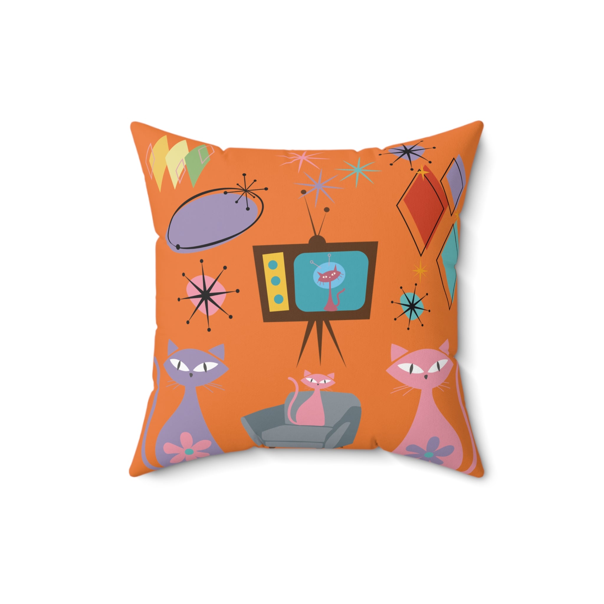 Decorative pillow with retro design featuring cats and a TV on an orange background