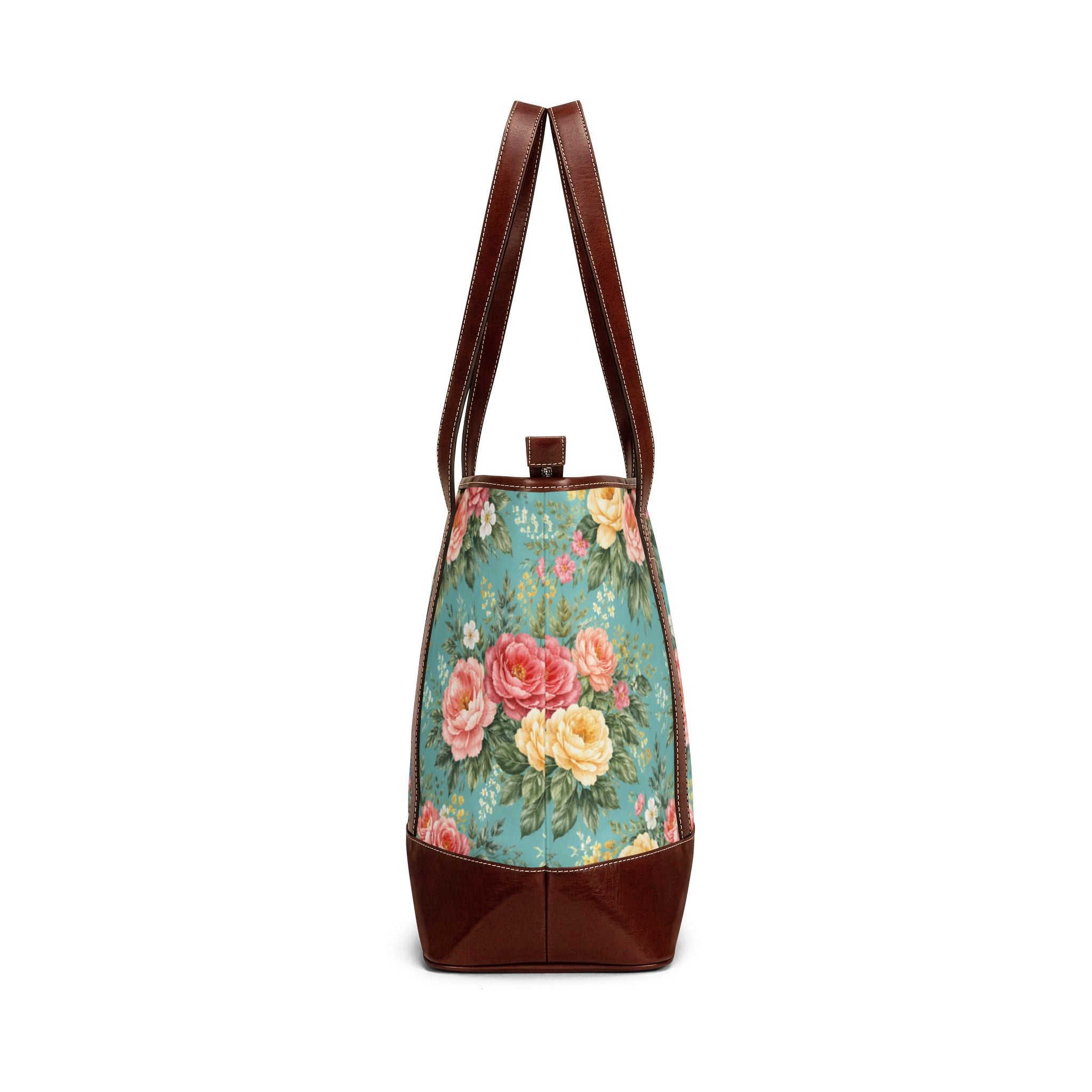 Sac à main vintage roses fleuries | Sac cabas motif rose sarcelle avec garniture en cuir