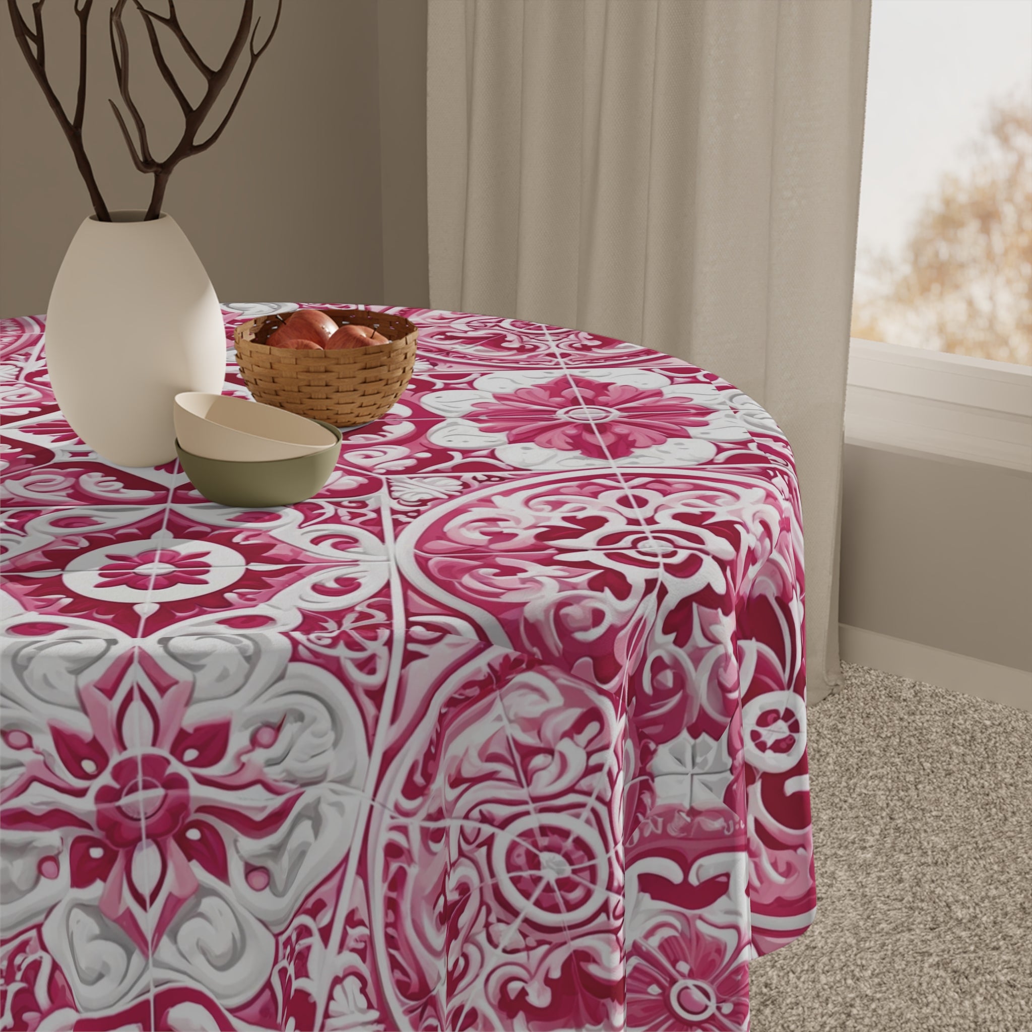 Elegant Pink and White Mediterranean Tile Design Tablecloth  Durable Table Cover, Perfect Gift for Housewarming, Parties, and Weddings all Events and Occasions - MRSBYVALLE