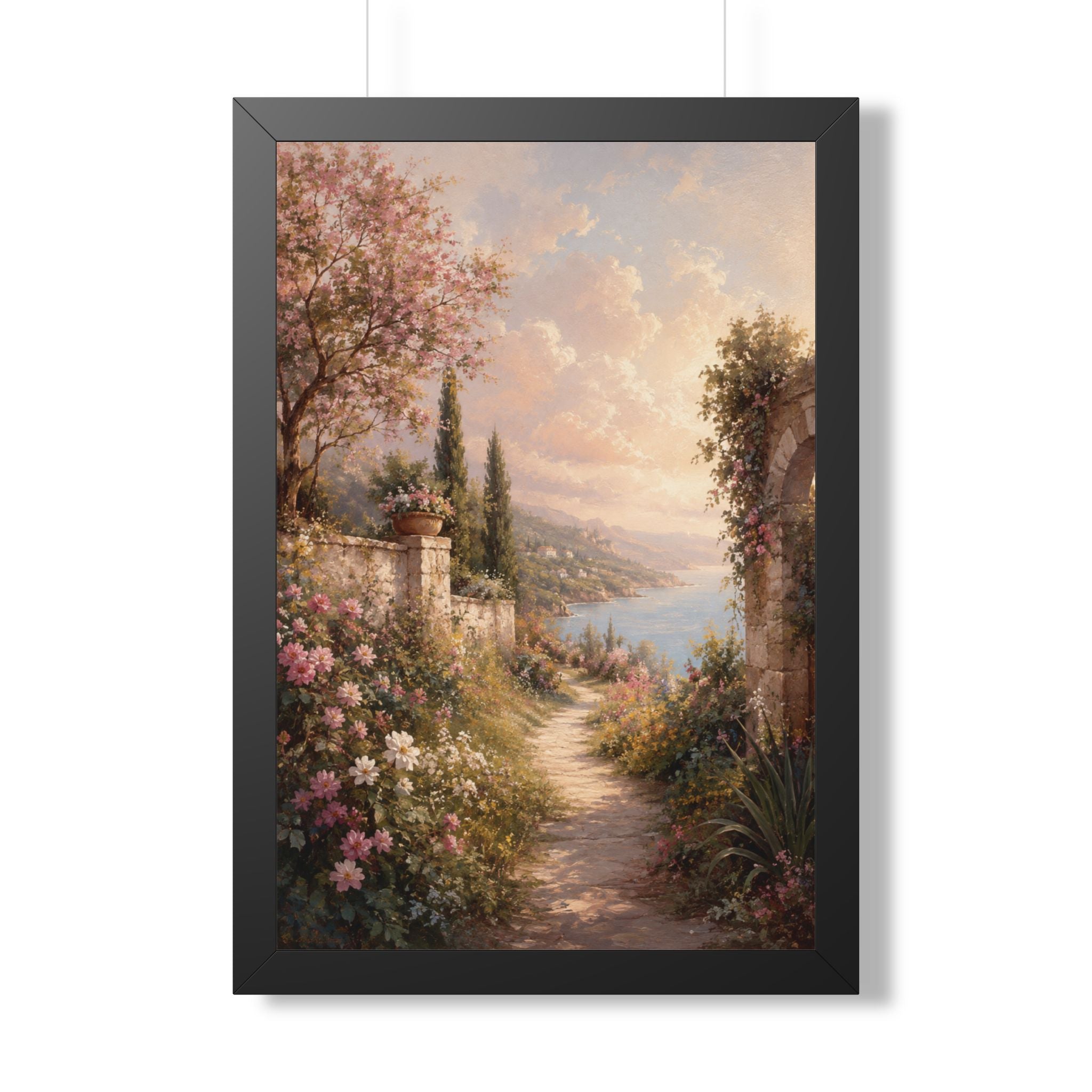Mediterranean Garden Path Framed Vertical Poster | Coastal Landscape Wall Art