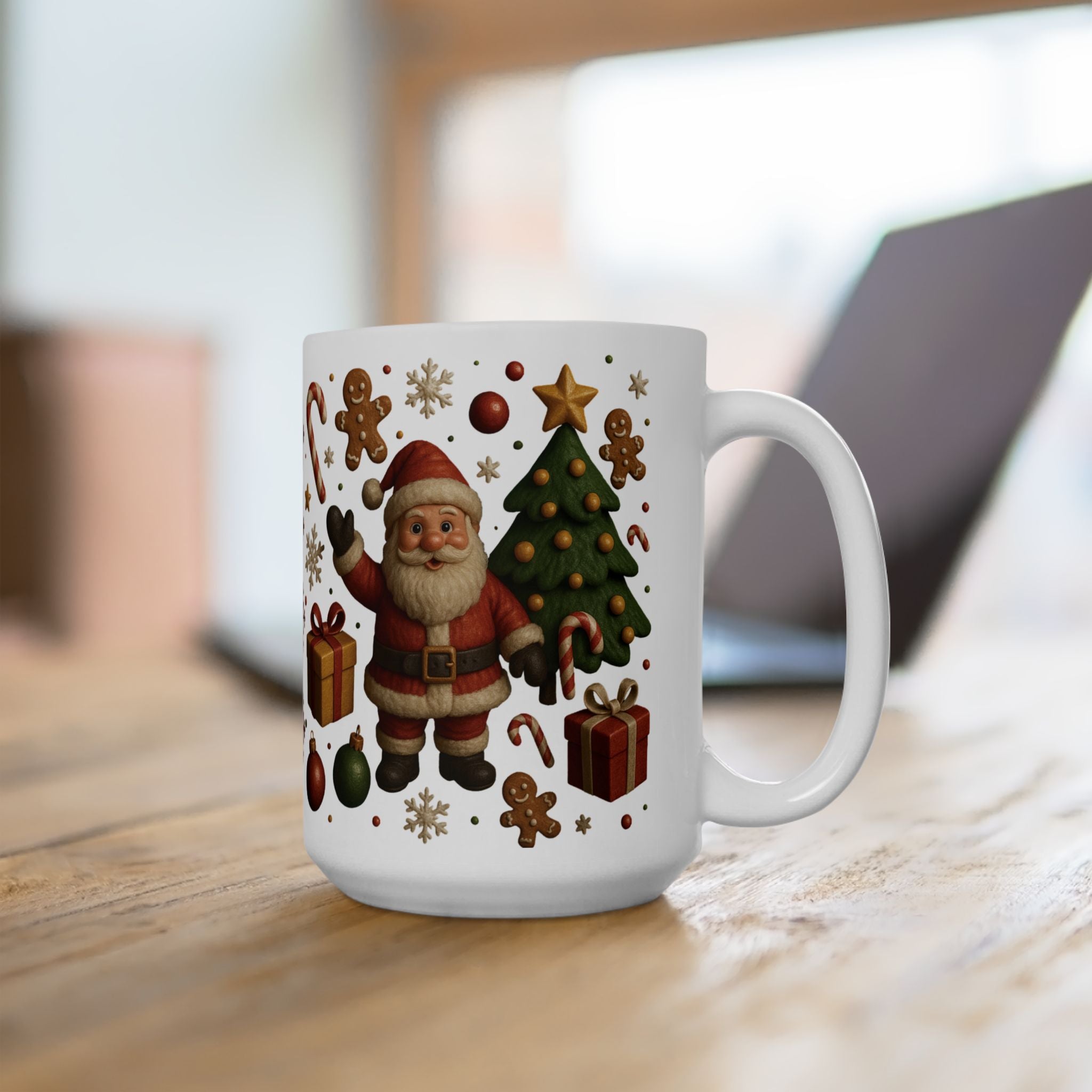 Santa & Tree Christmas Mug 11oz & 15oz Holiday Cup with Gingerbread, Candy Canes, Gifts – Perfect for Cocoa, Coffee, or Winter Mornings