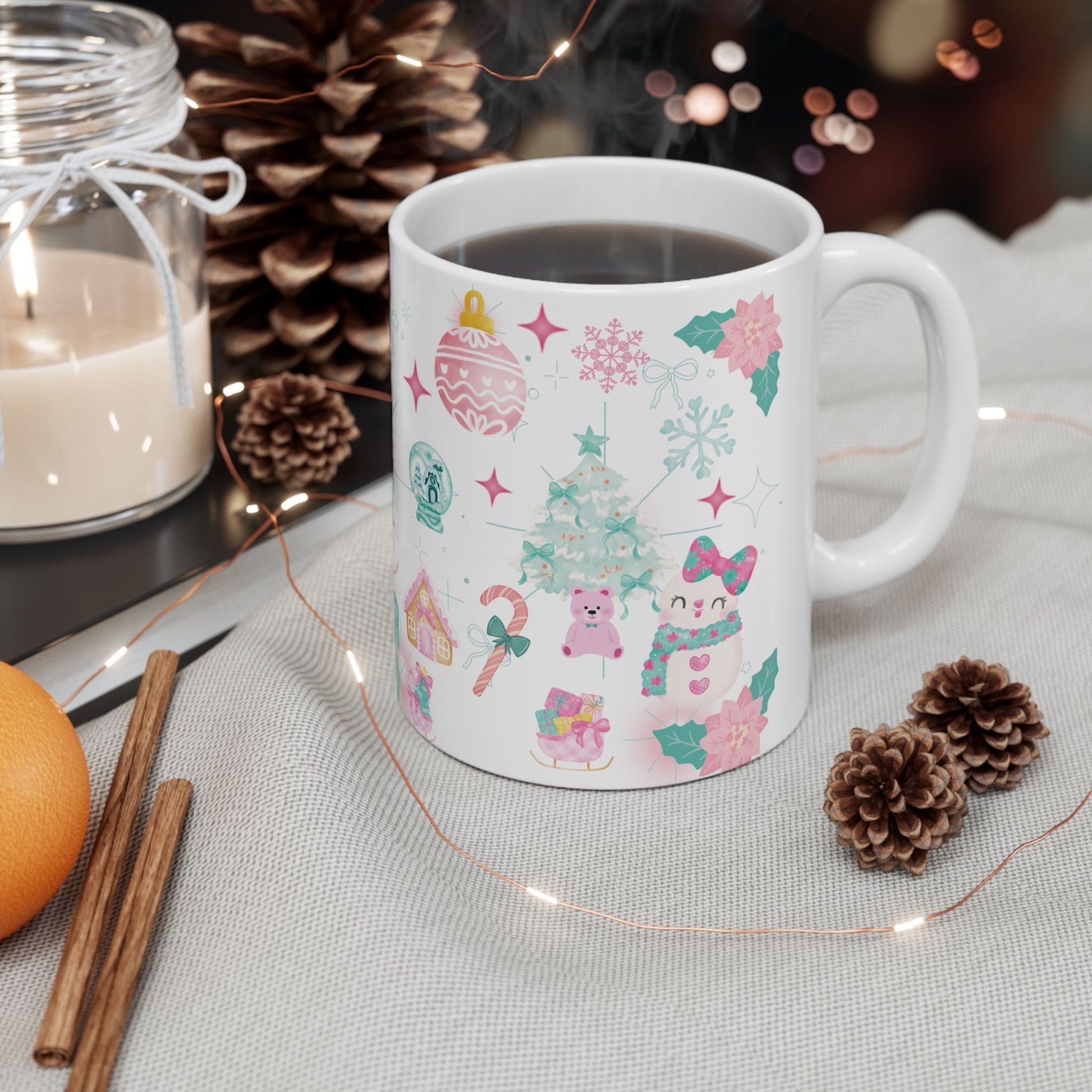 Glam Christmas Mug  Pink  Turquoise Holiday Coffee Cup, Festive Ceramic Mug in 11oz  15oz, Chic Gift for Hot Cocoa or Morning Lattes Mom