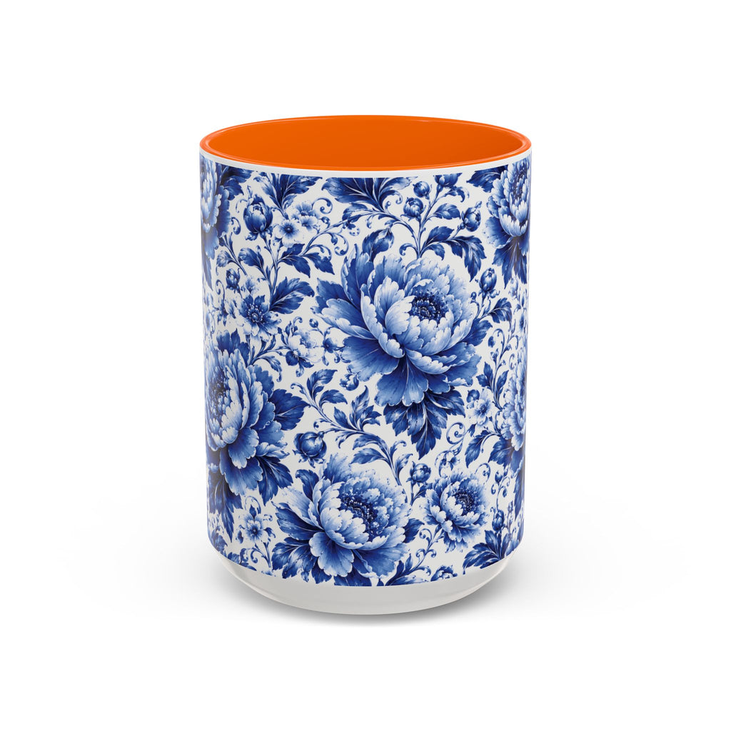 Blue Floral Ceramic Coffee Mug — Vintage Delft Peony Accent (11oz & 15oz) Blue & White Chinoiserie Tea Mug
