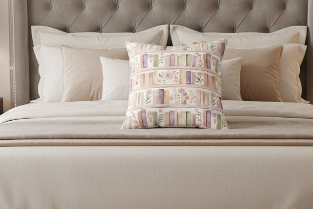 Lavender Romantic Books & Floral Square Pillow — Bedroom Decorative Throw Pillow