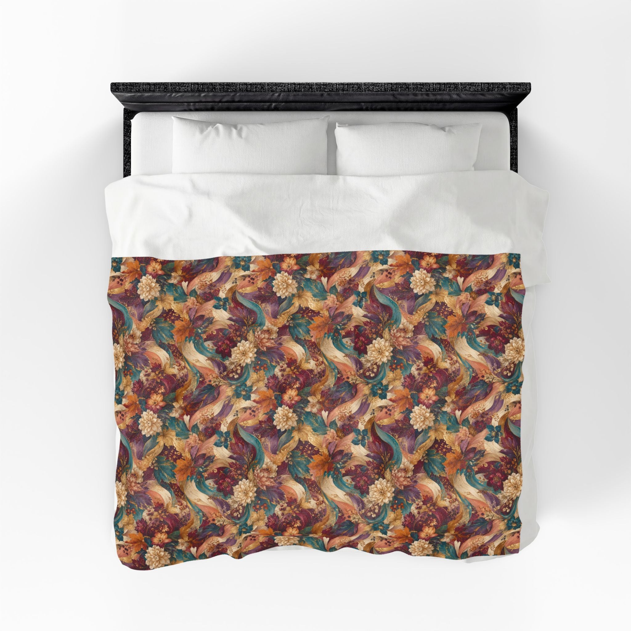 Autumn Floral Velveteen Plush Blanket Cozy Vintage  Throw Luxury Botanical Velveteen Plush Blanket Burgundy Teal Gold