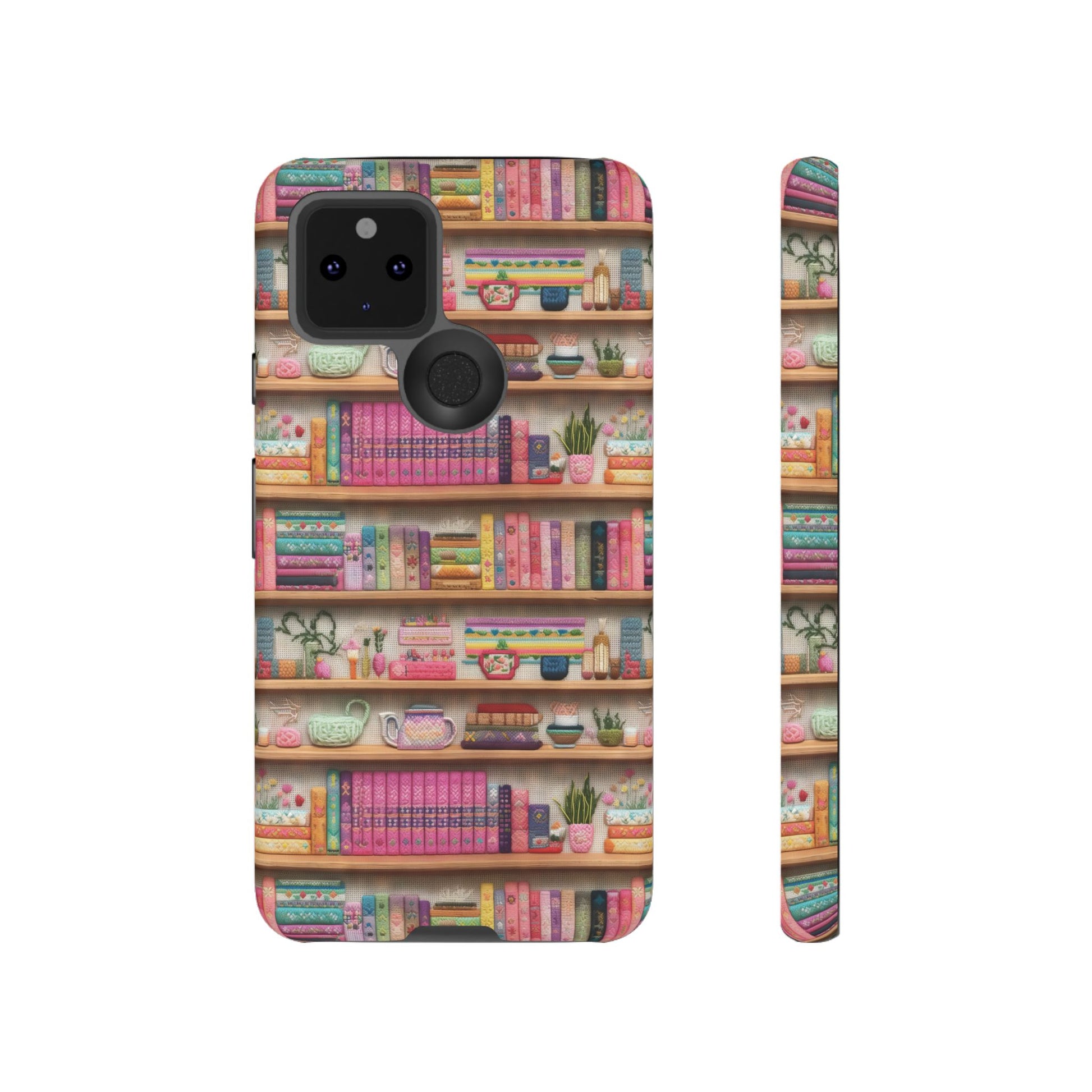 Whimsical 3D Embroidery Illusion Books on Pastel Shelves Phone Case for iPhone, Samsung & Pixel: Unique Accessory for Literary Enthusiasts Gift for Her Perfect for Floral Lover