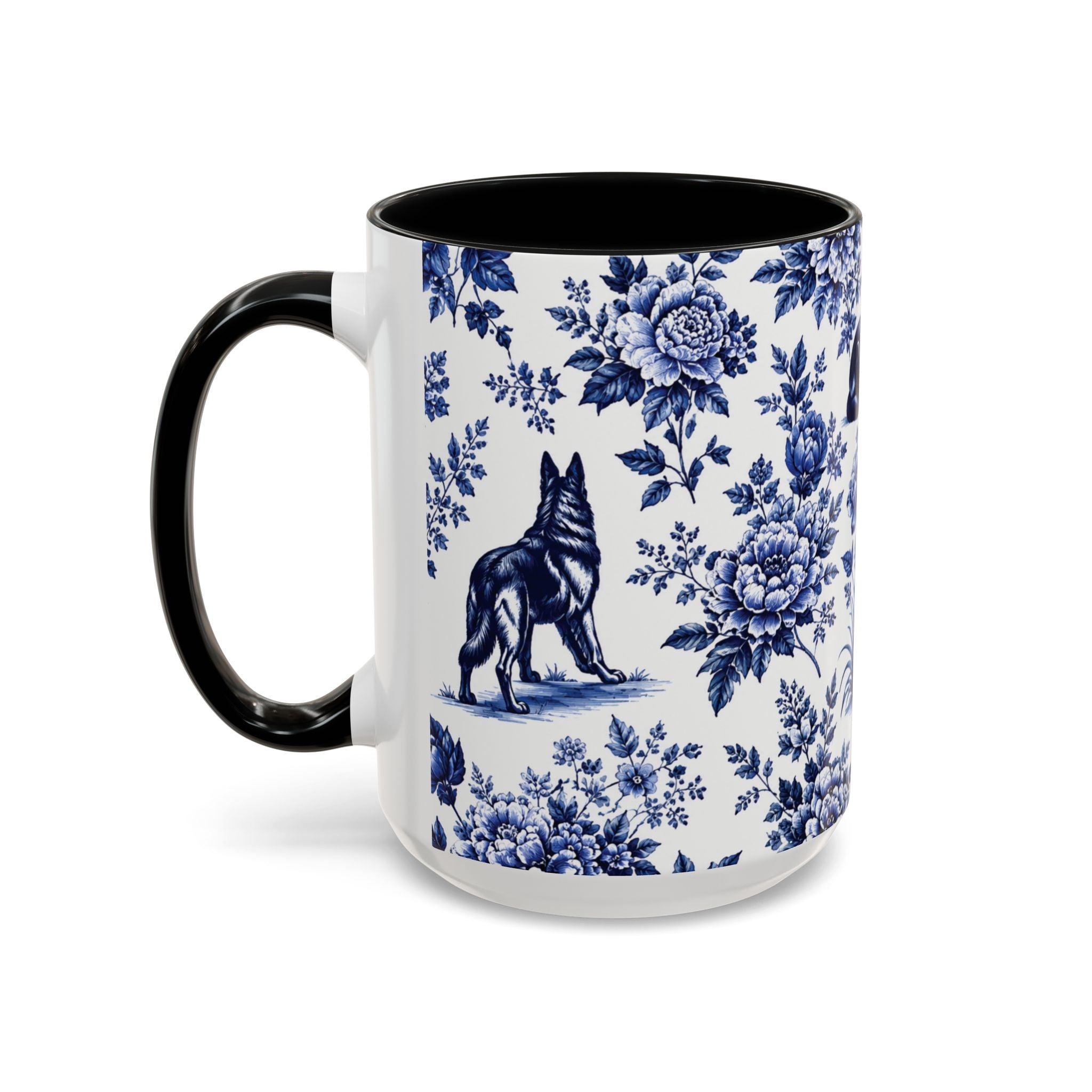 Elegant German Shepherd Floral Mug | Luxury Blue Toile Coffee Mug 11/15oz Accent Ceramic